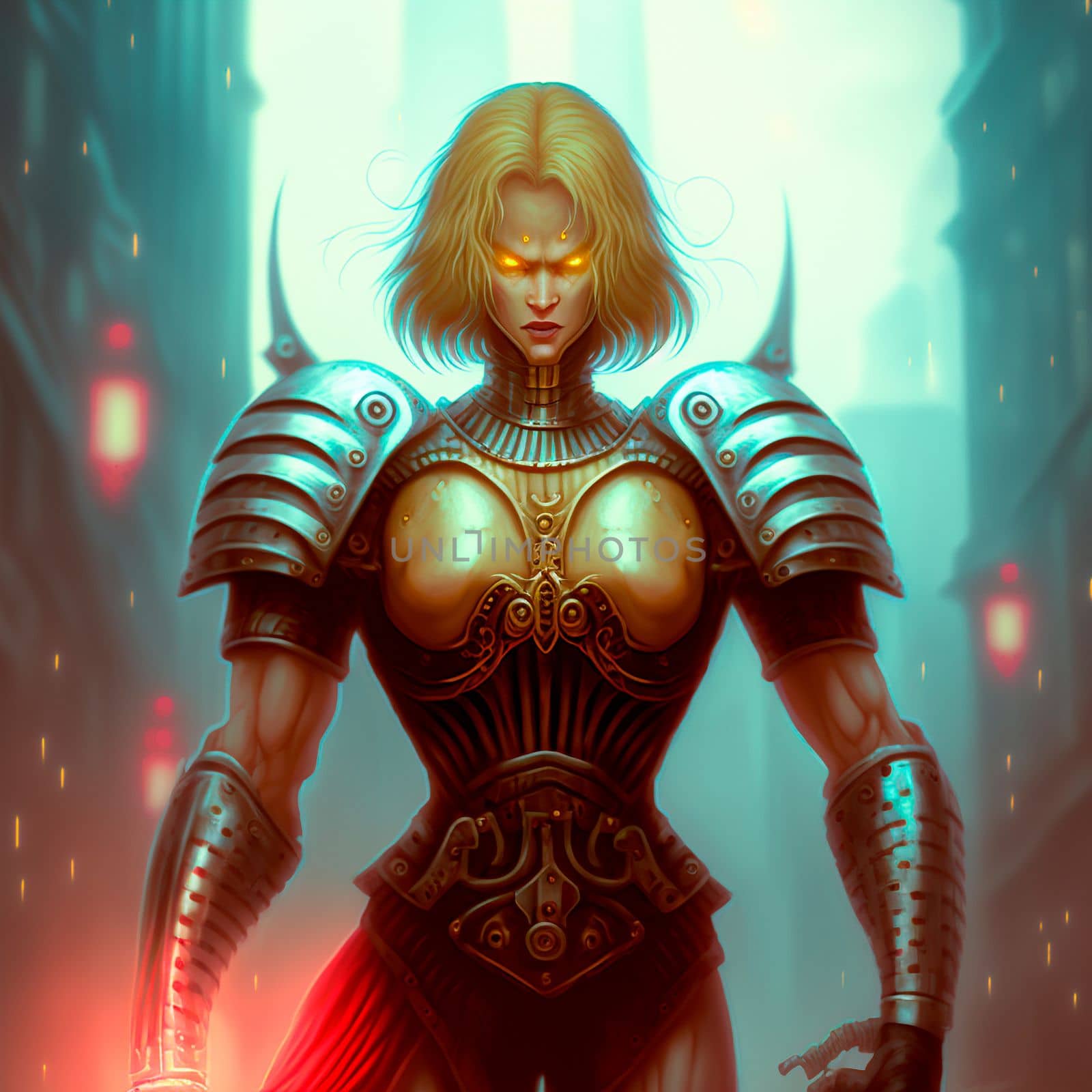 Mysterious female warrior with yellow eyes. High quality illustration