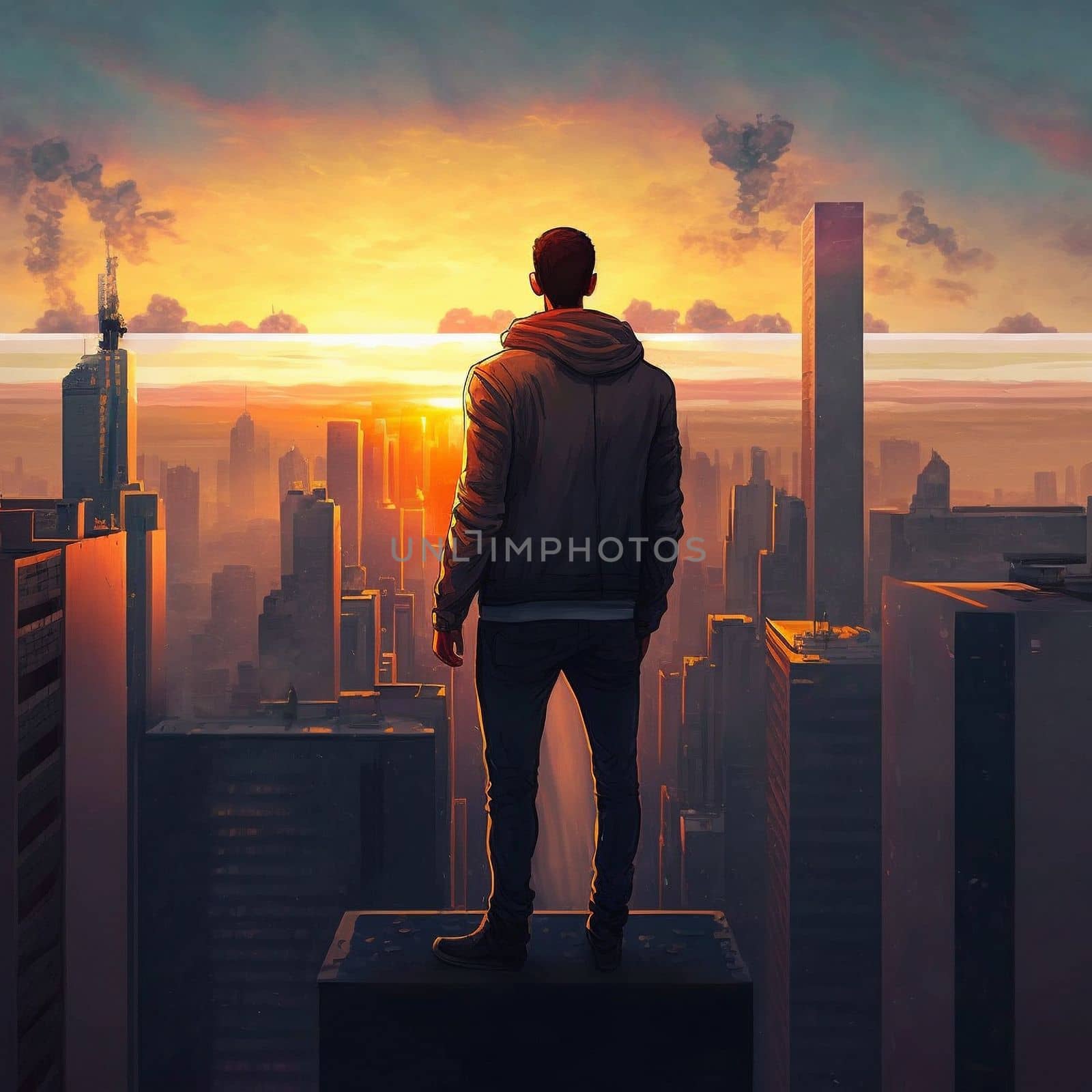 a man on top of skyscrapers looking at the city in the sunset rays. High quality illustration