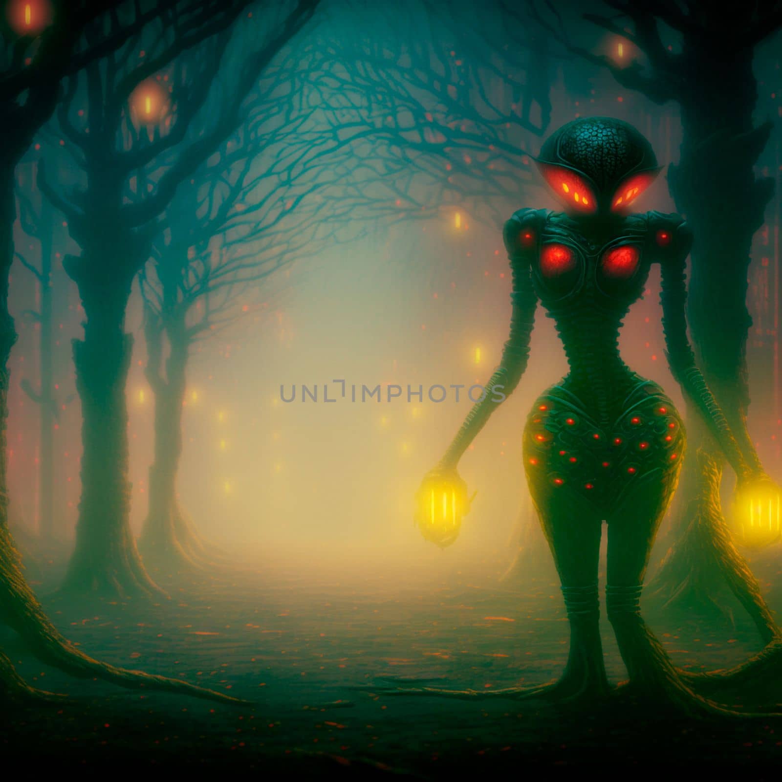 The image of a mysterious creature on the background of a fairy fores. High quality illustration