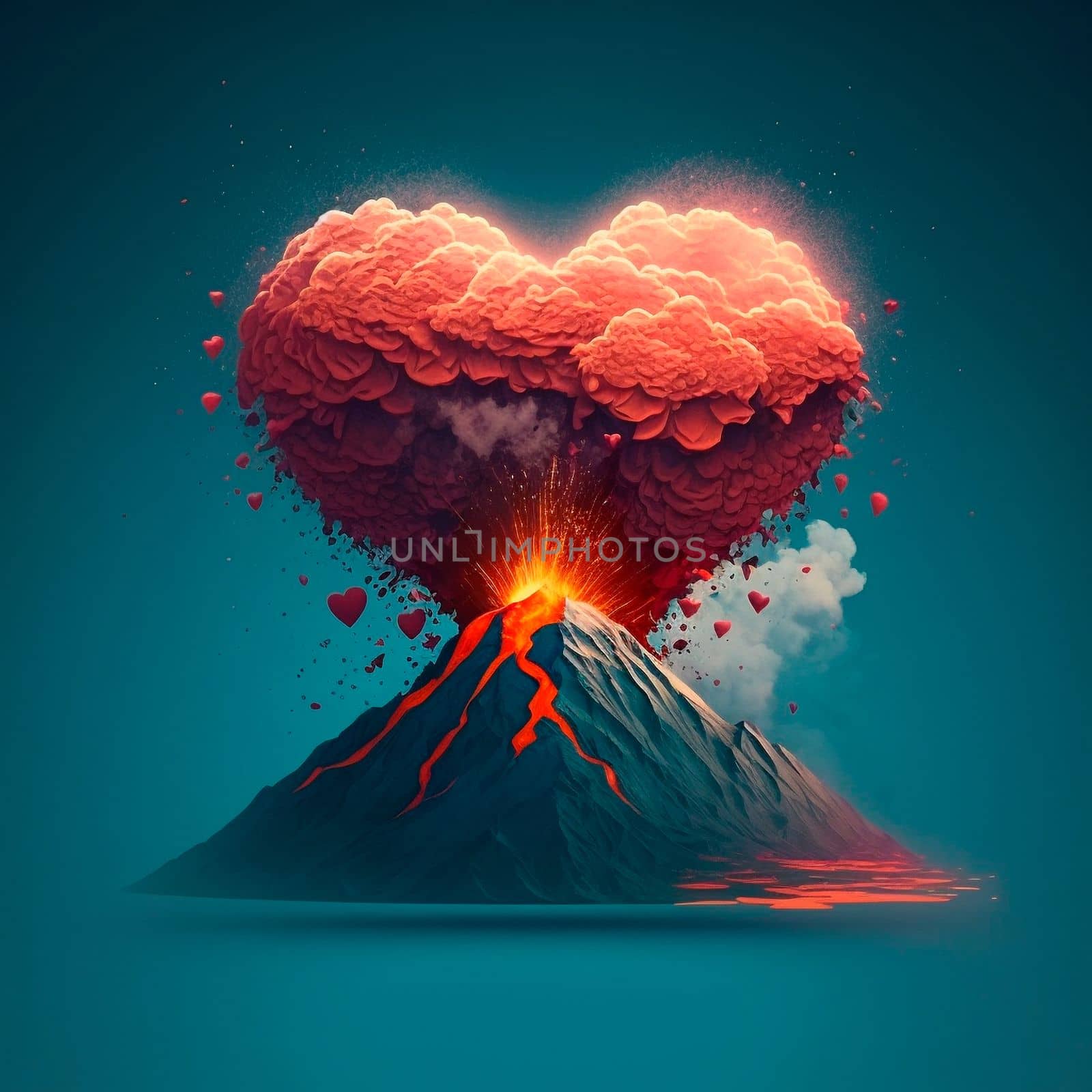 Illustration of a volcano erupting in the form of a heart. High quality illustration