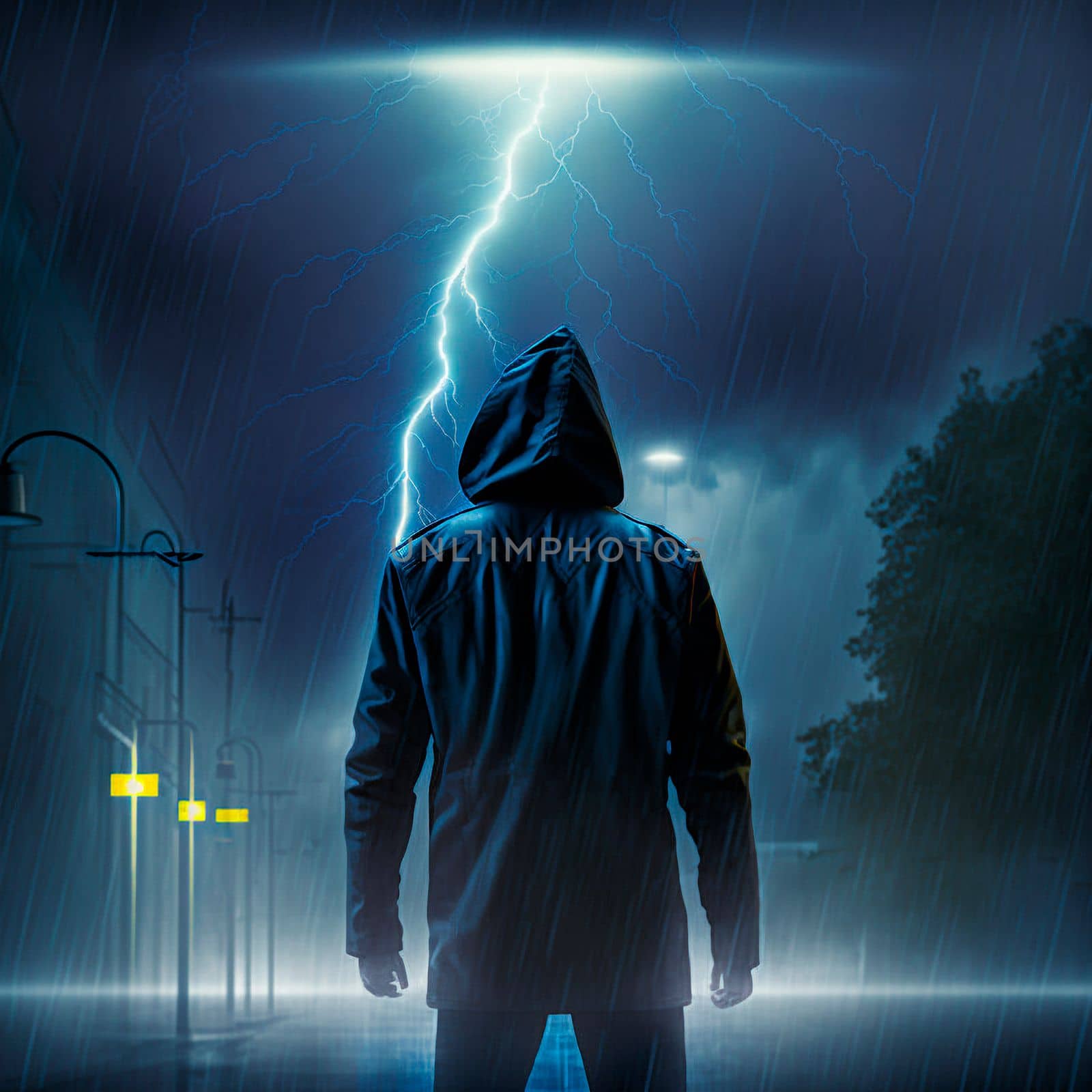 Mysterious man in a black raincoat on the background of thunder. High quality photo