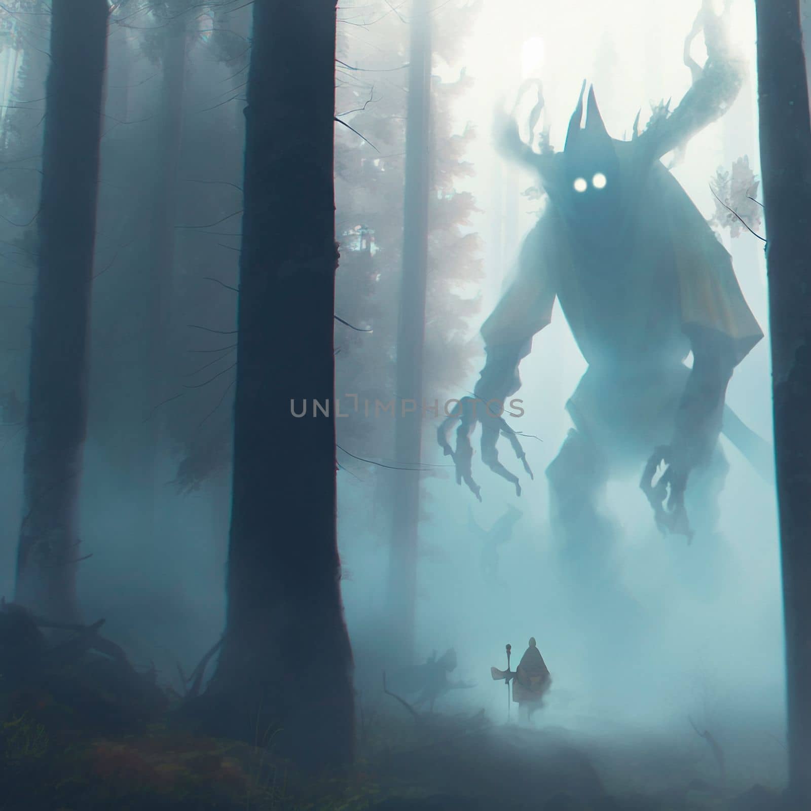 A scary forest spirit in a mystical misty forest. High quality illustration
