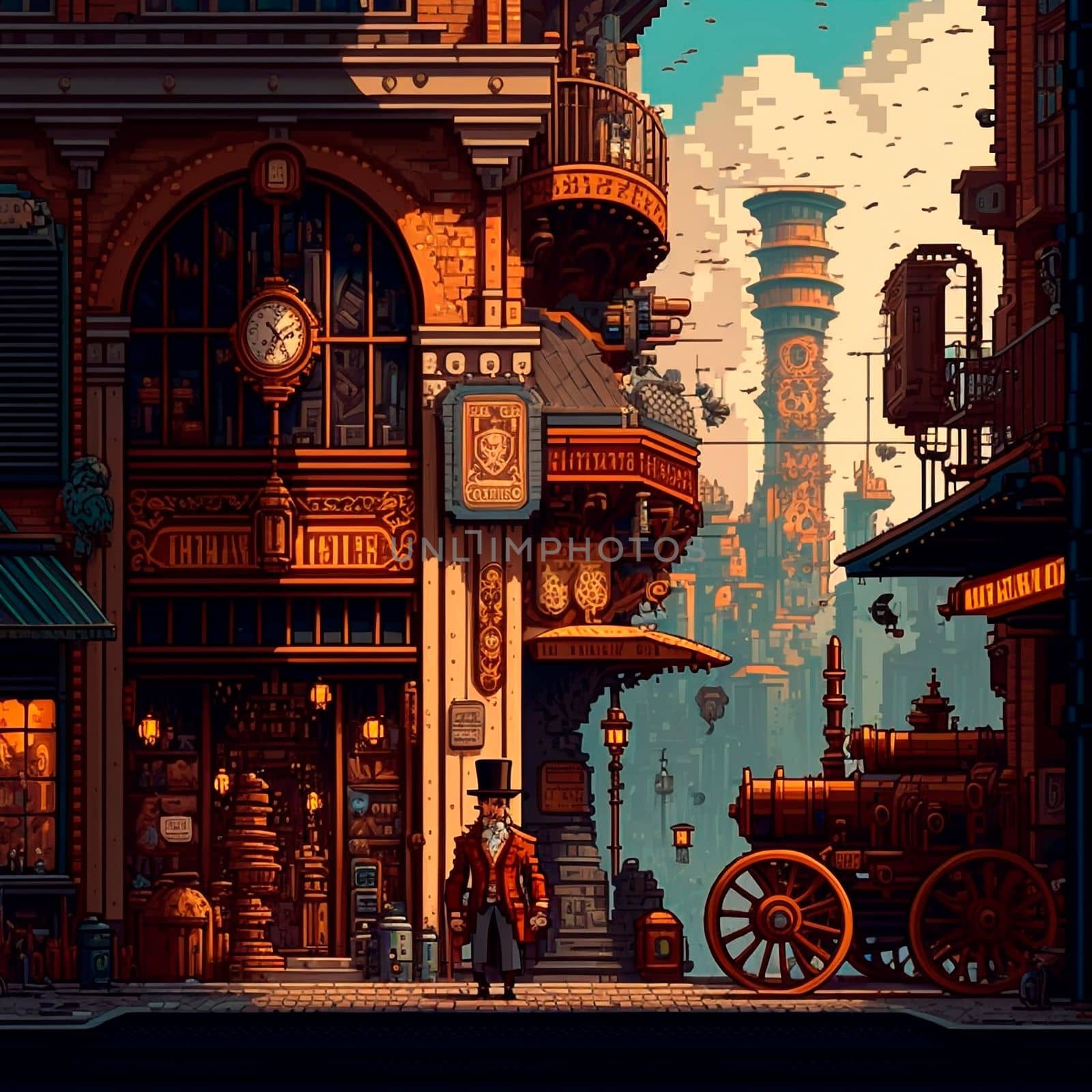 Cartoon image of a steampunk city stylized as pixelart. High quality illustration