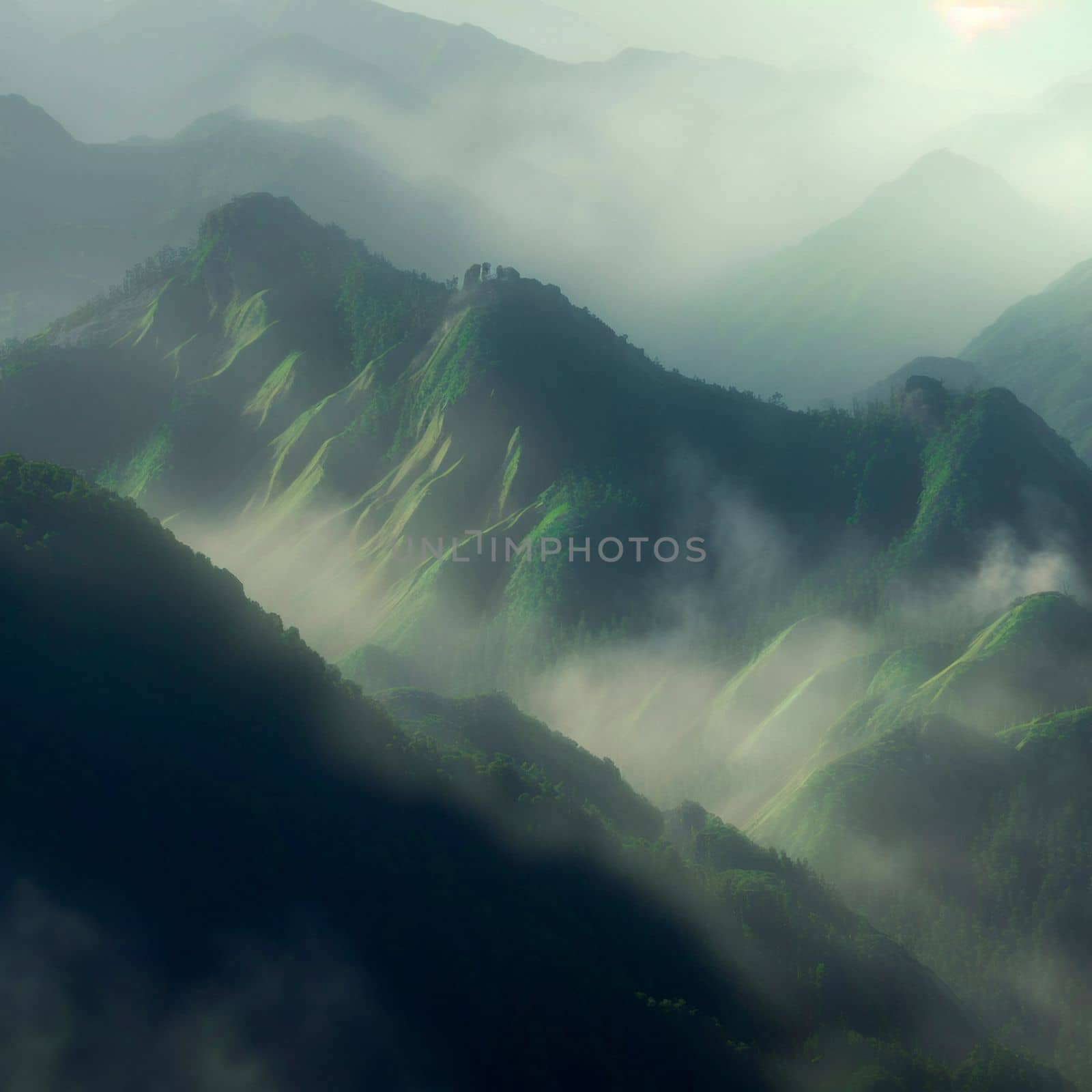 Green mountain range. Landscape of misty mountains. High quality illustration