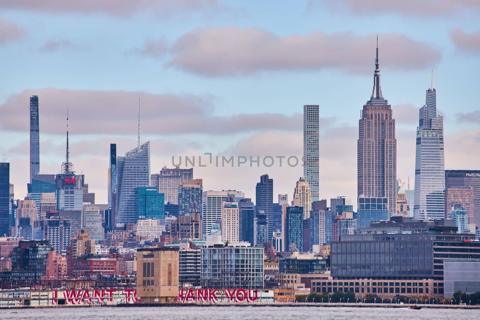 Patch of New York City skyline from river with skyscrapers and THANK YOU signage by njproductions