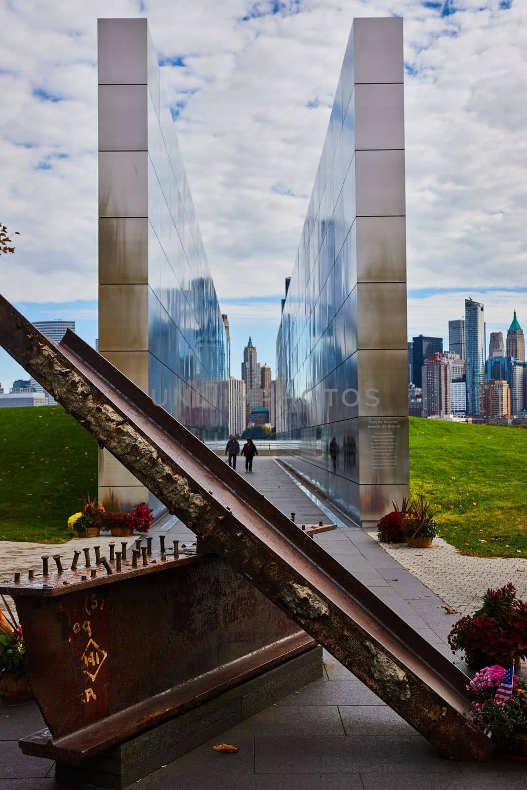 Image of Piece of collapsed steel beam from 9 11 Twin Towers at New Jersey memorial overlooking New York City
