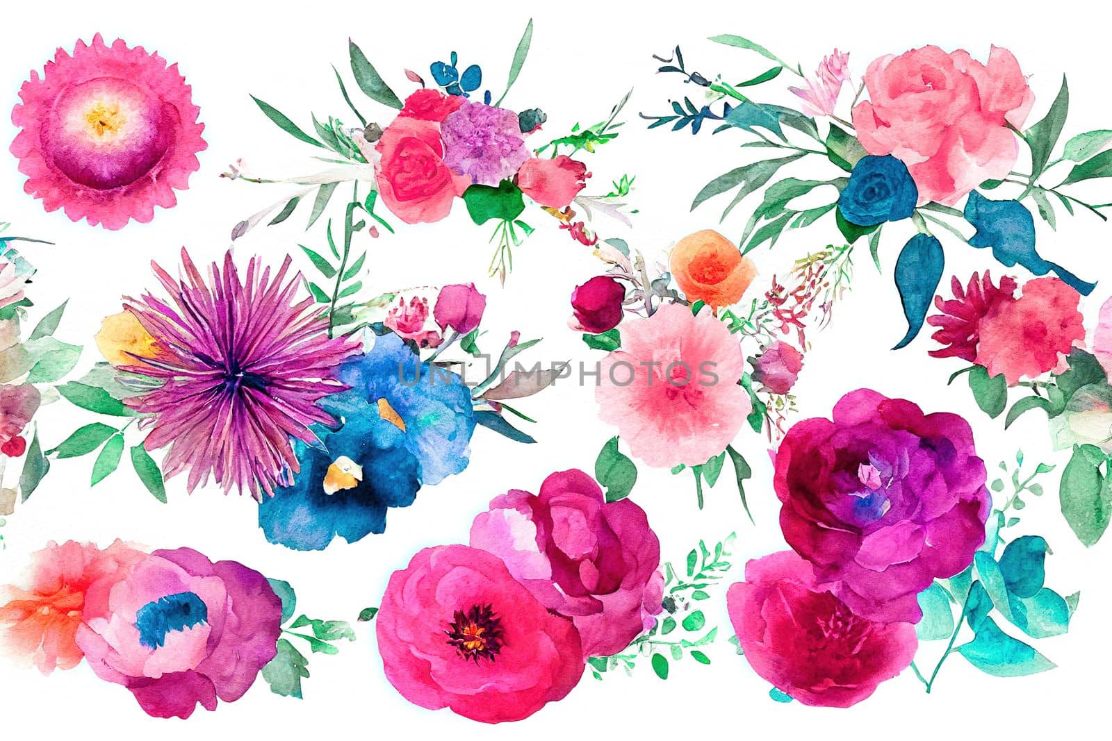 Flower bouquet set watercolor pieces of artwork design. Generative AI. 