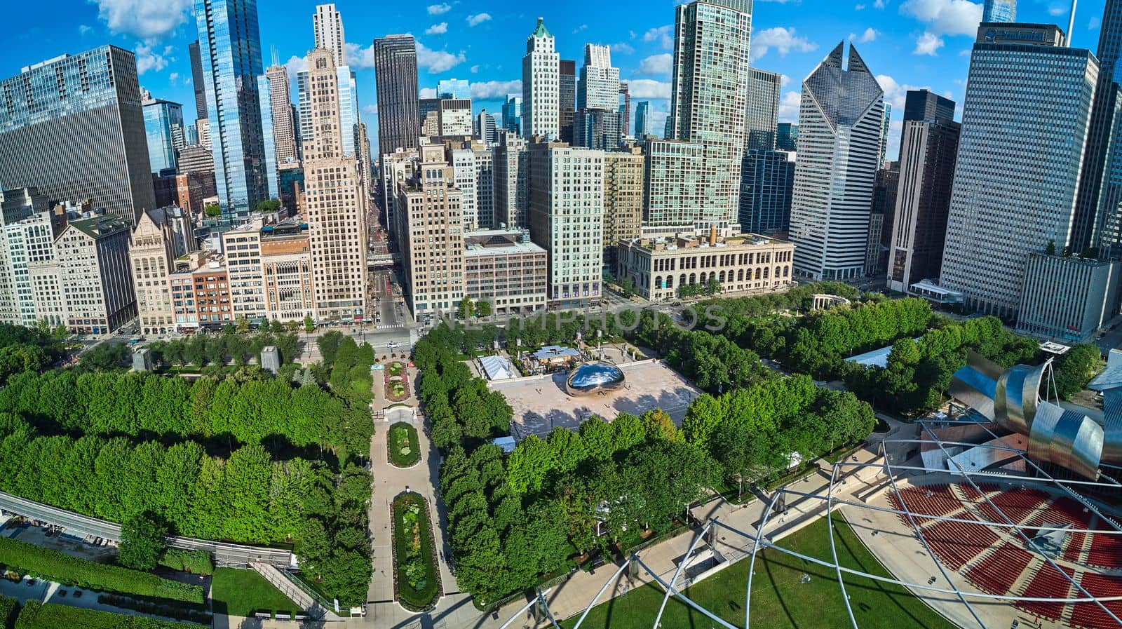 Wide view of Millennium Park from above in Chicago by Cloud Gate by njproductions
