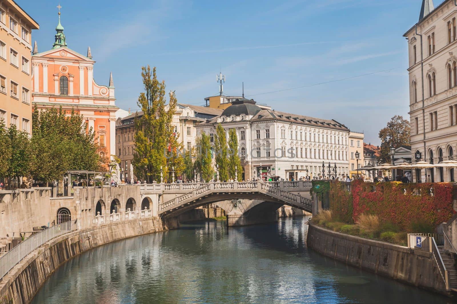 Ljubljana, Slovenia, September 2020: Ljubljanica river embankment, Beautiful Slovenia in Autumn