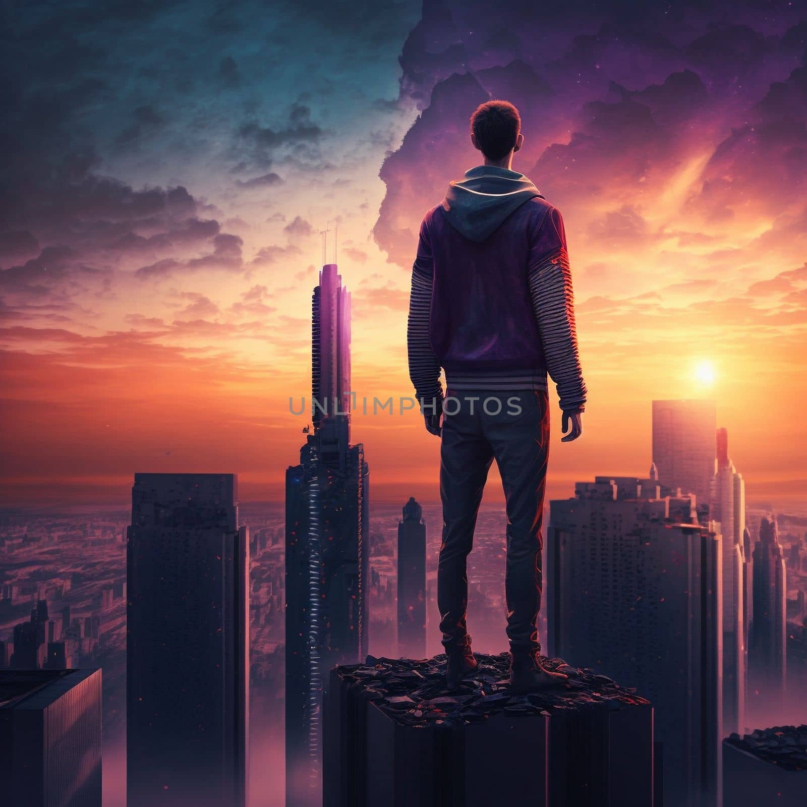 a man on top of skyscrapers looking at the city in the sunset rays by NeuroSky