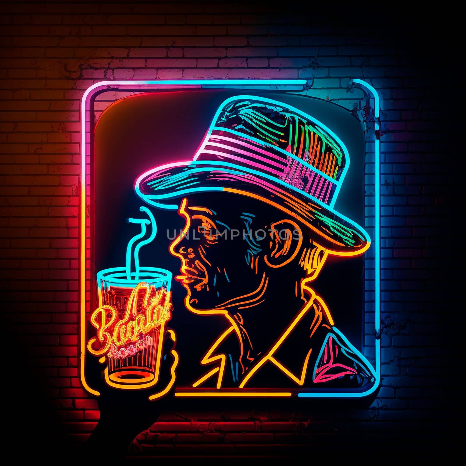 A drinking man on a neon sign. High quality illustration