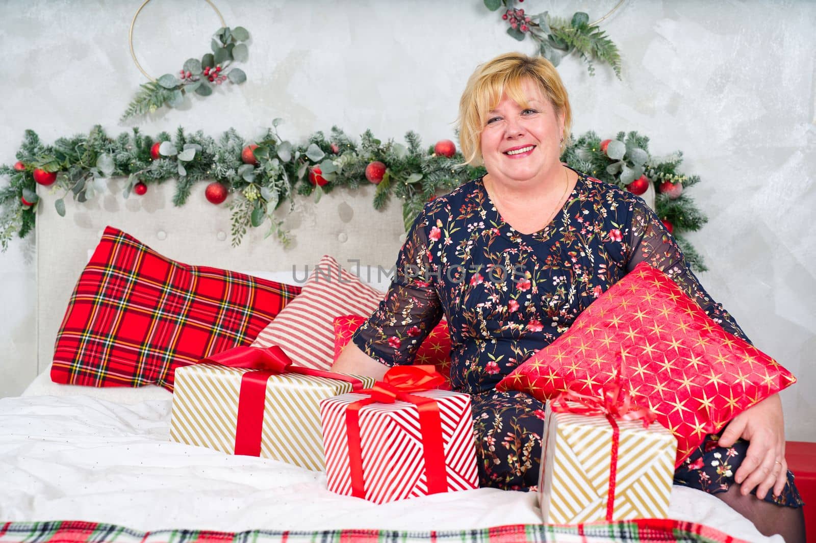christmas, new year, holidays concept. Happy Woman getting gift box as christmas present. Surprise by PhotoTime