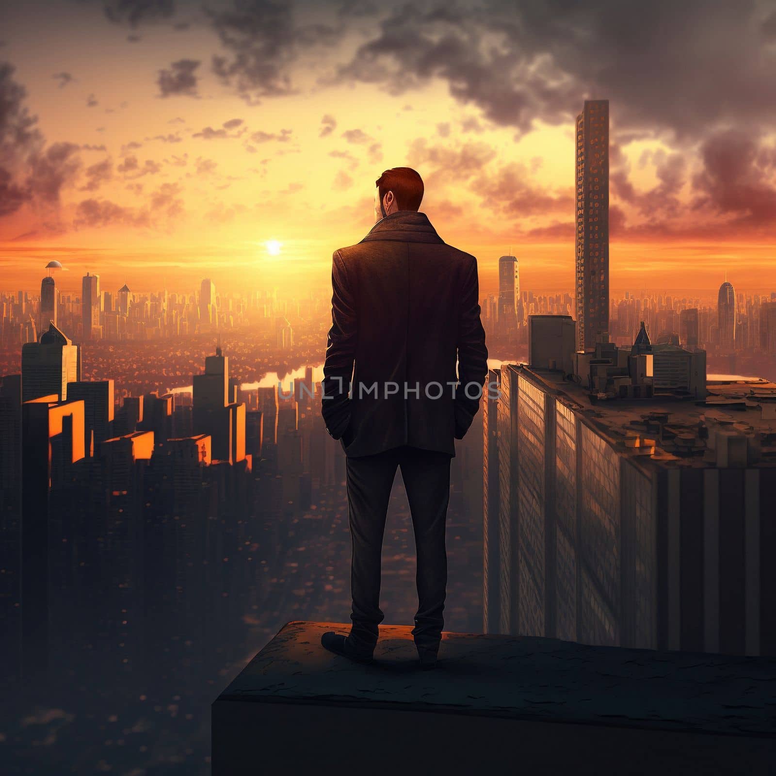 a man on top of skyscrapers looking at the city in the sunset rays. High quality illustration