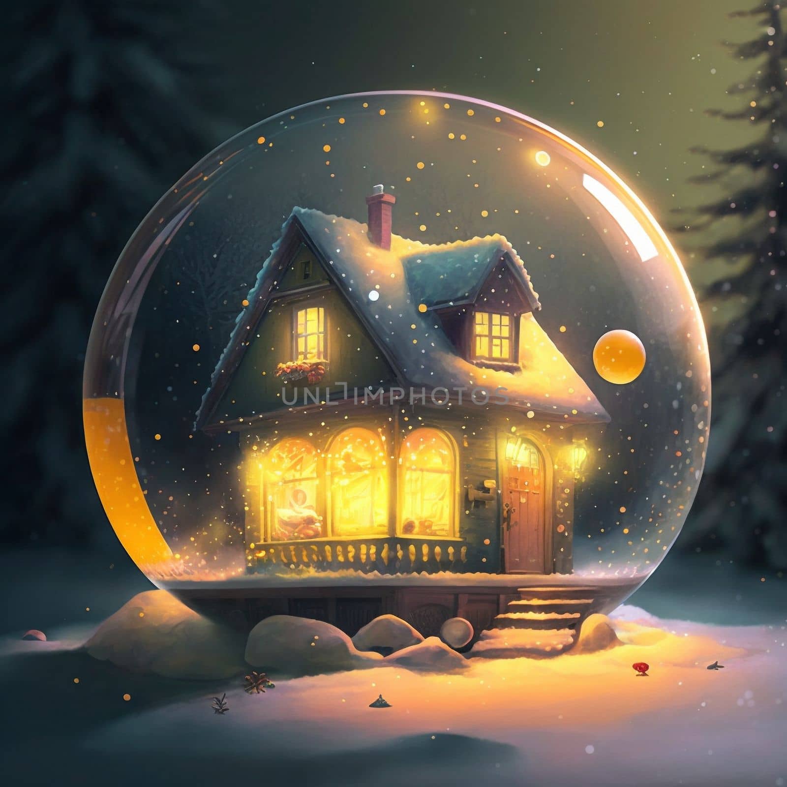 a small house with glowing windows in a glass ball, a New Year's exposition, a toy by NeuroSky