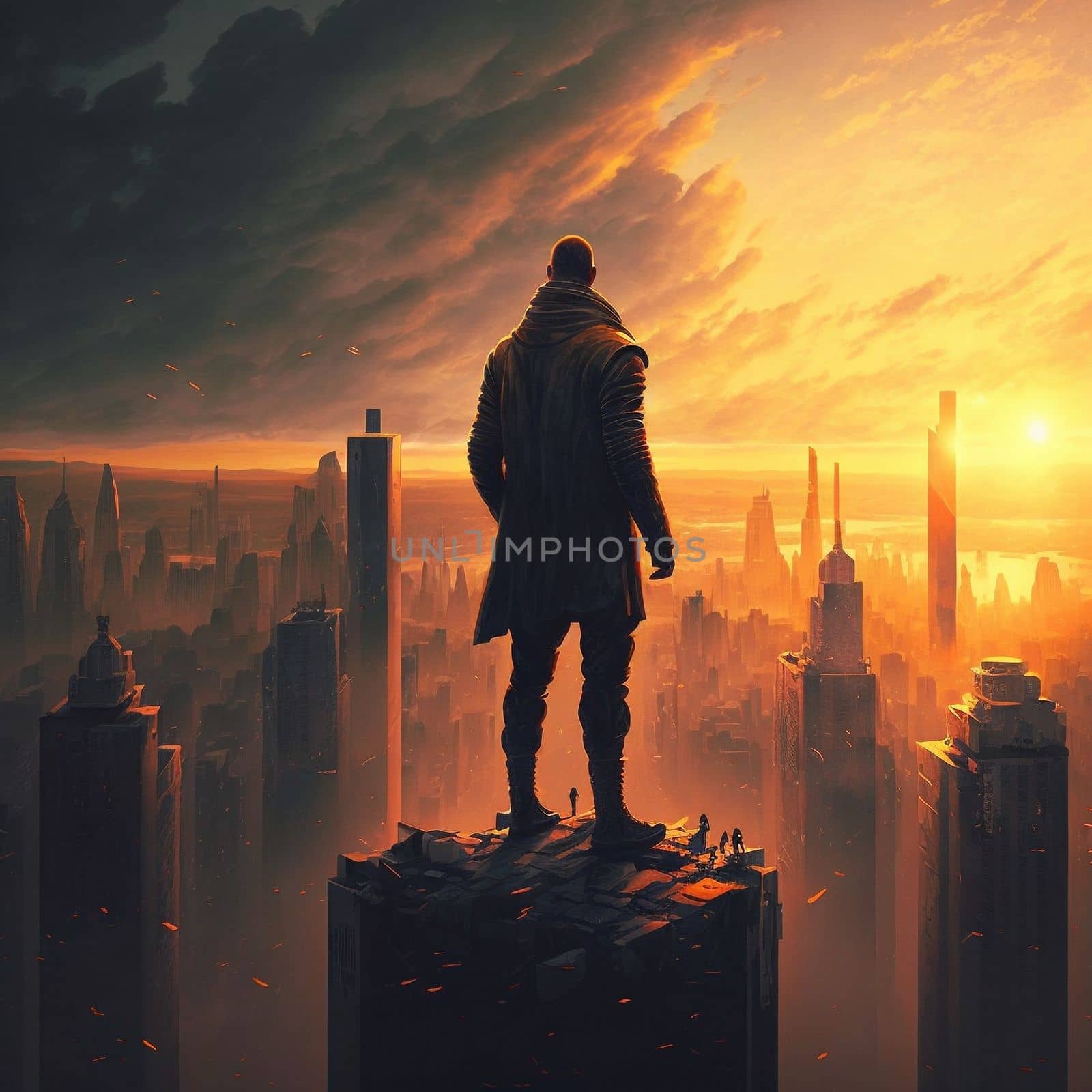 a man on top of skyscrapers looking at the city in the sunset rays by NeuroSky