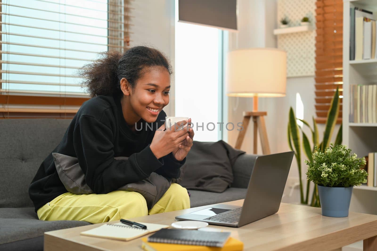 Smiling teenage woman enjoy browsing internet on laptop, while relaxing in comfortable living room.