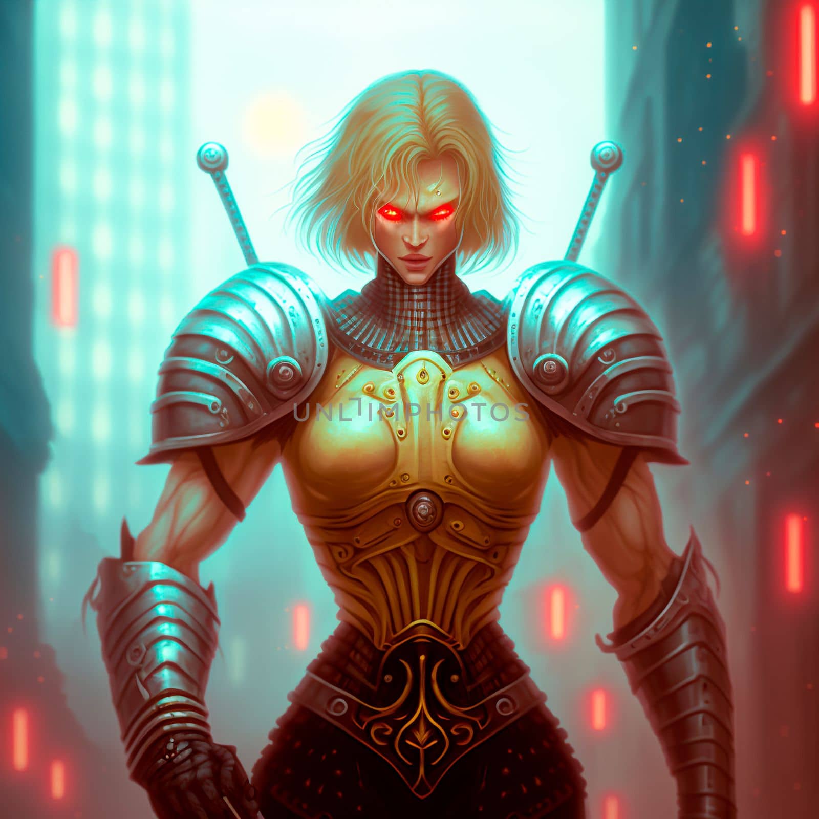 Mysterious female warrior with yellow eyes. High quality illustration