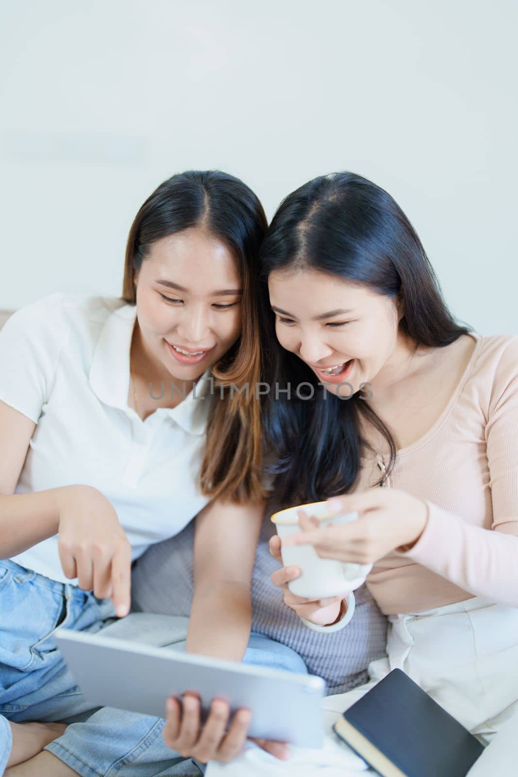 lgbtq, lgbt concept, homosexuality, portrait of two asian women posing happy together and loving each other while playing tablet at sofa.