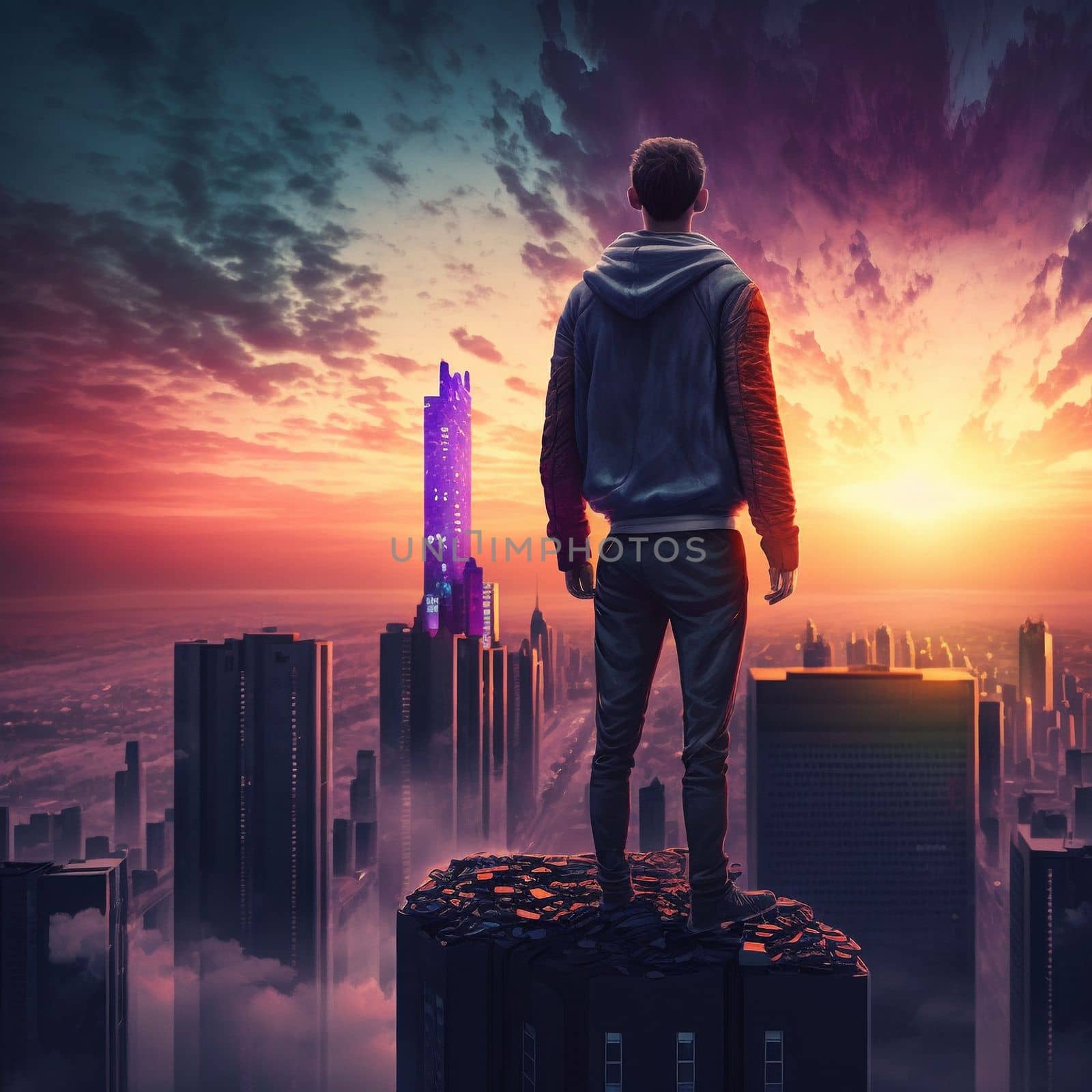 a man on top of skyscrapers looking at the city in the sunset rays by NeuroSky