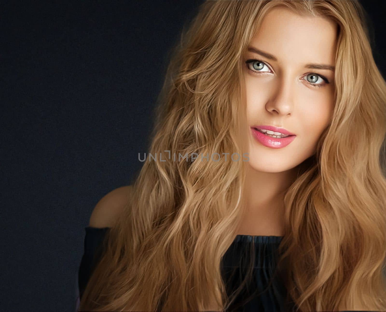 Beauty, makeup and skincare, face portrait of beautiful woman with long hairstyle on black background for luxury cosmetics, wellness or glamour fashion look