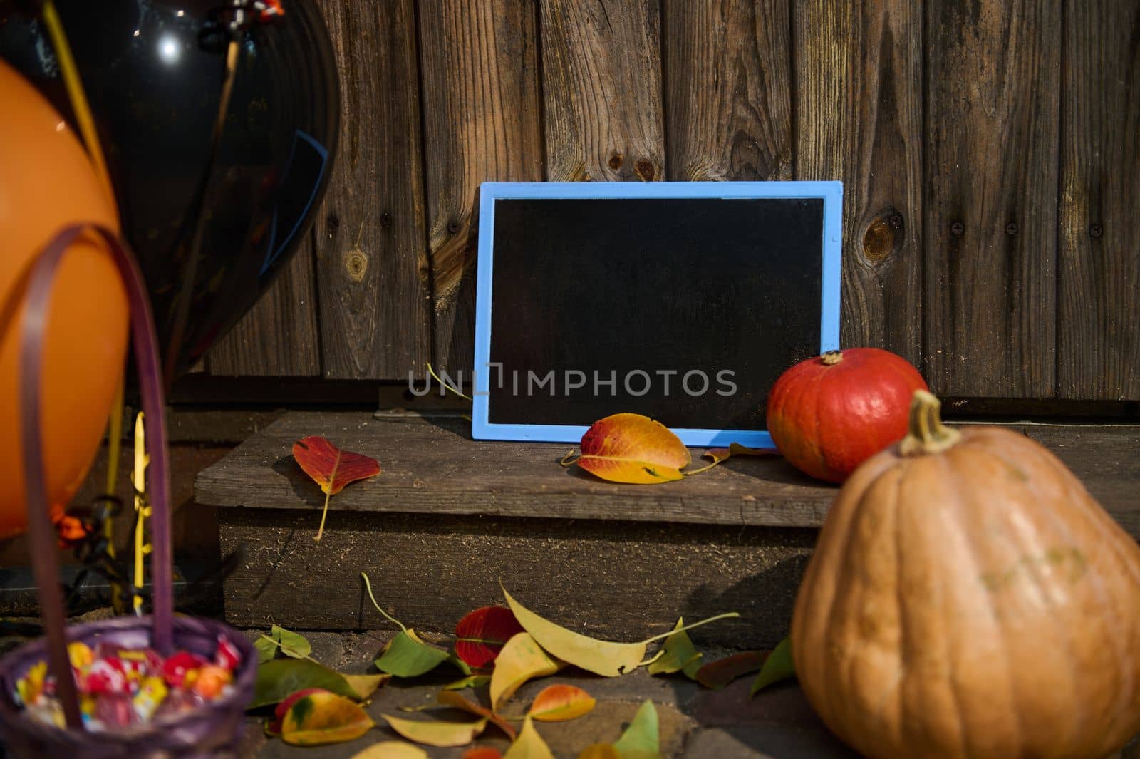 Selective focus. A blackboard with copy advertising space, next to pumpkins on a wooden threshold with fallen yellow and red leaves in autumn. Porch or backyard decoration. Halloween trick and treat