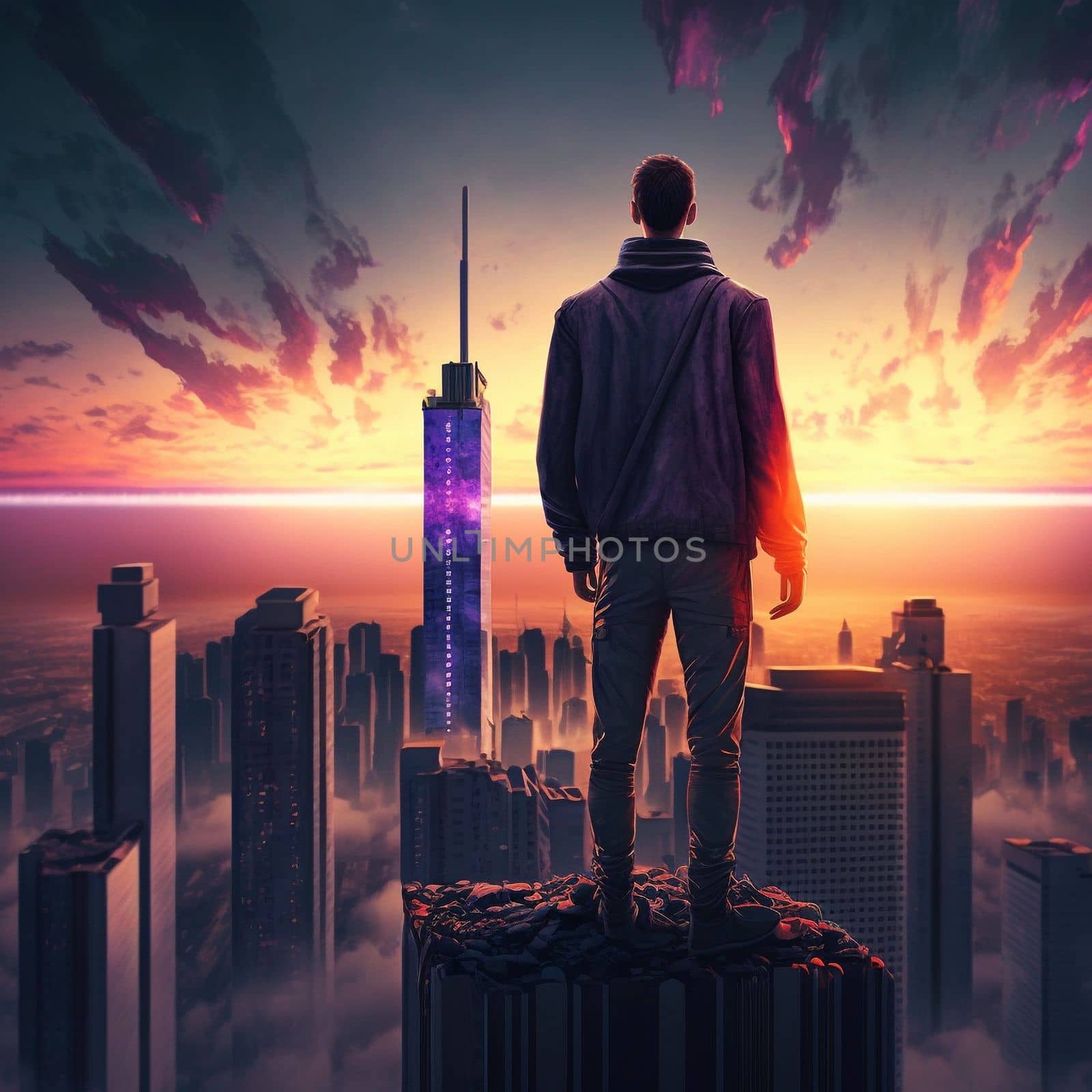 a man on top of skyscrapers looking at the city in the sunset rays. High quality illustration