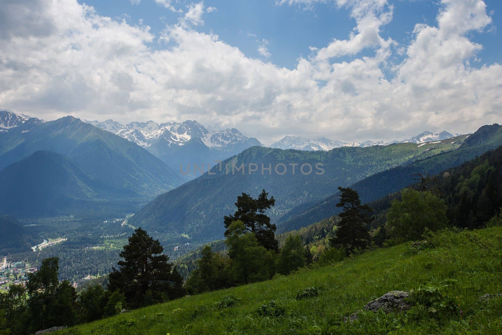 Fabulous magnificent view of Caucasus Mountains and sky. High quality photo