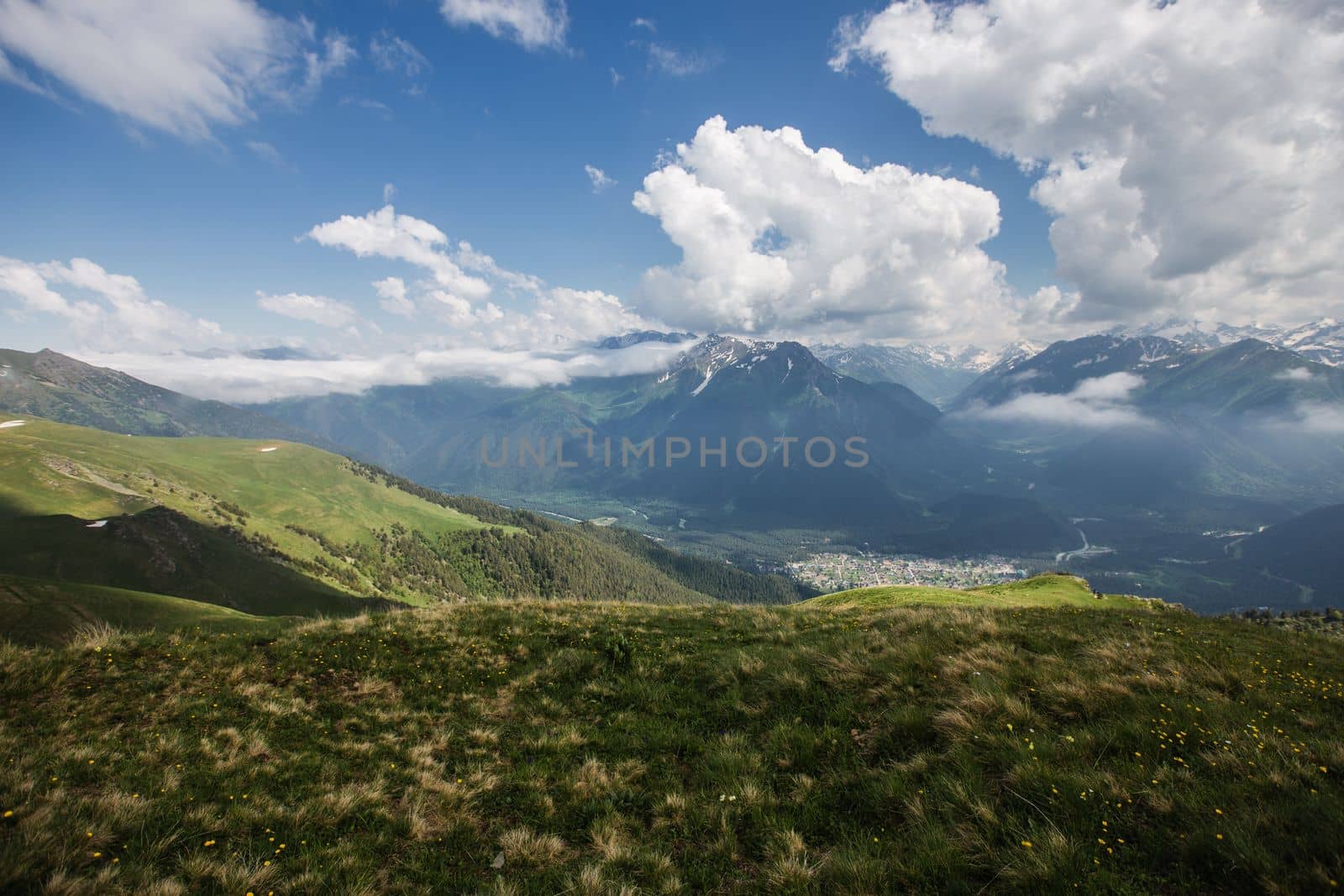 Fabulous magnificent view of Caucasus Mountains and sky. High quality photo