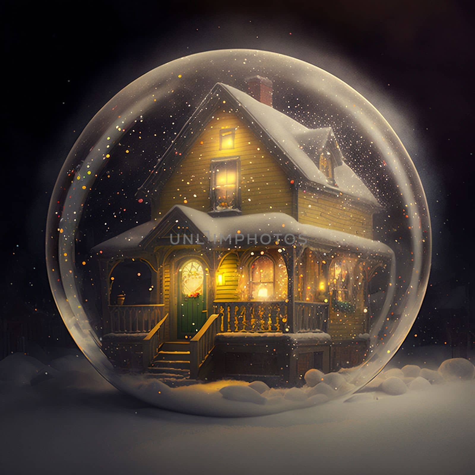 a small house with glowing windows in a glass ball, a New Year's exposition, a toy. High quality illustration