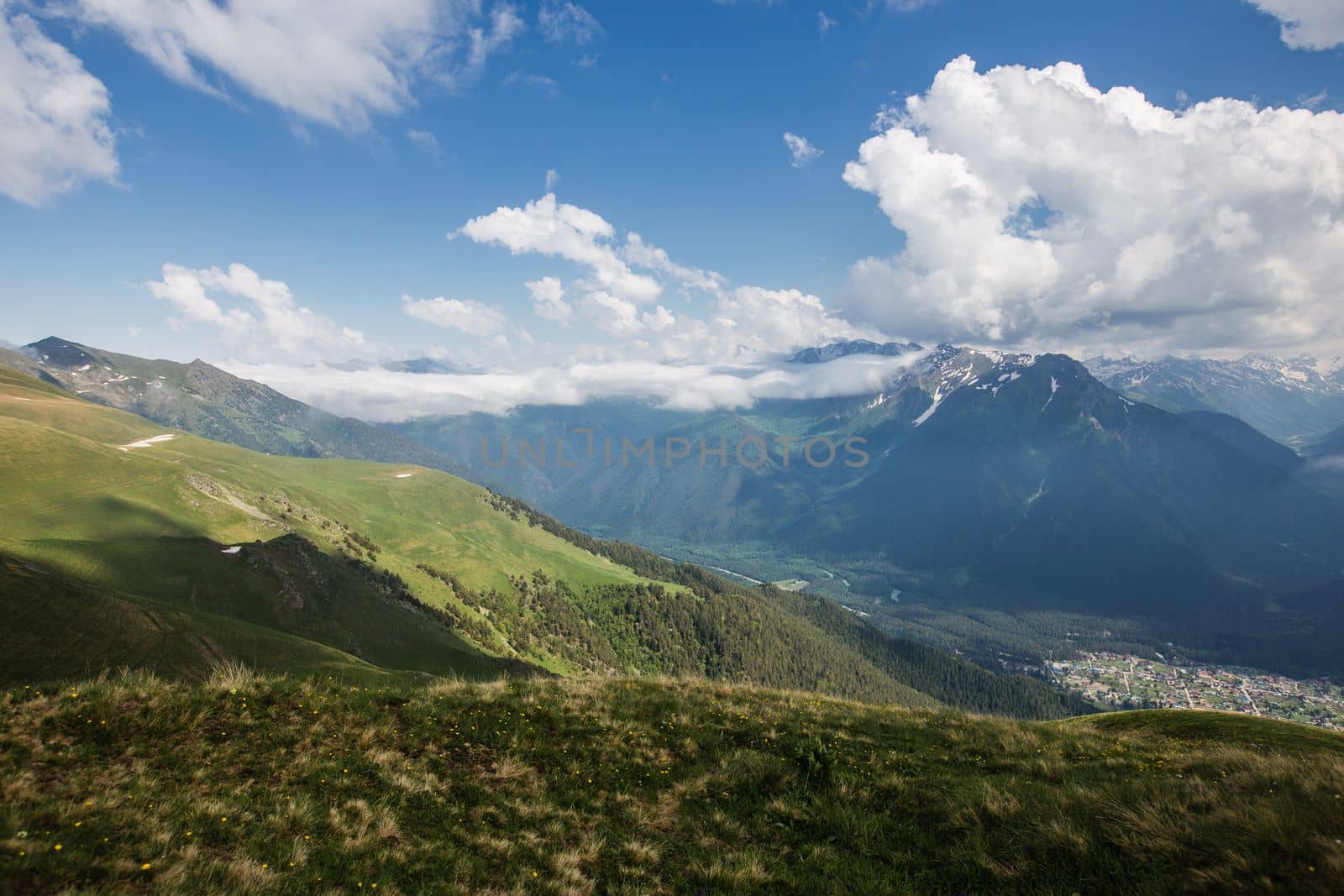 Fabulous magnificent view of Caucasus Mountains and sky. High quality photo