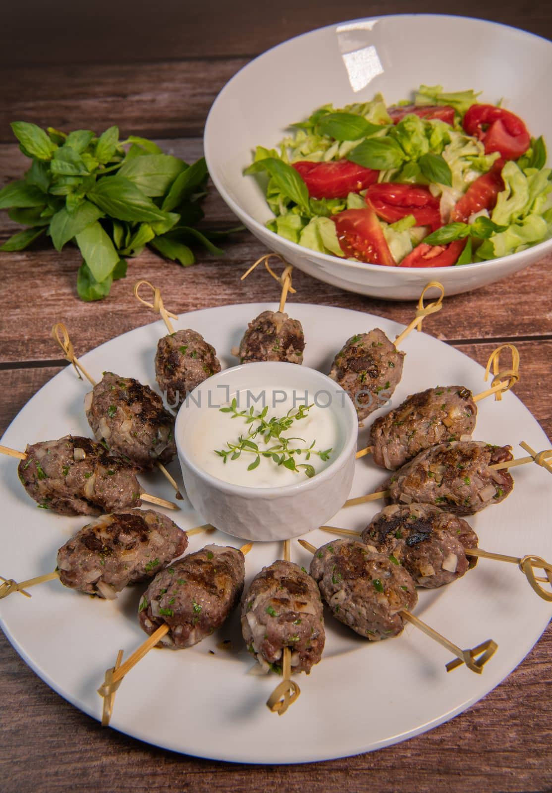 Recipe of kefta, beef skewer, Traditional homemade, with Greek yoghurt sauce, garlic, savory, Arabic and Libanese food, High quality photo