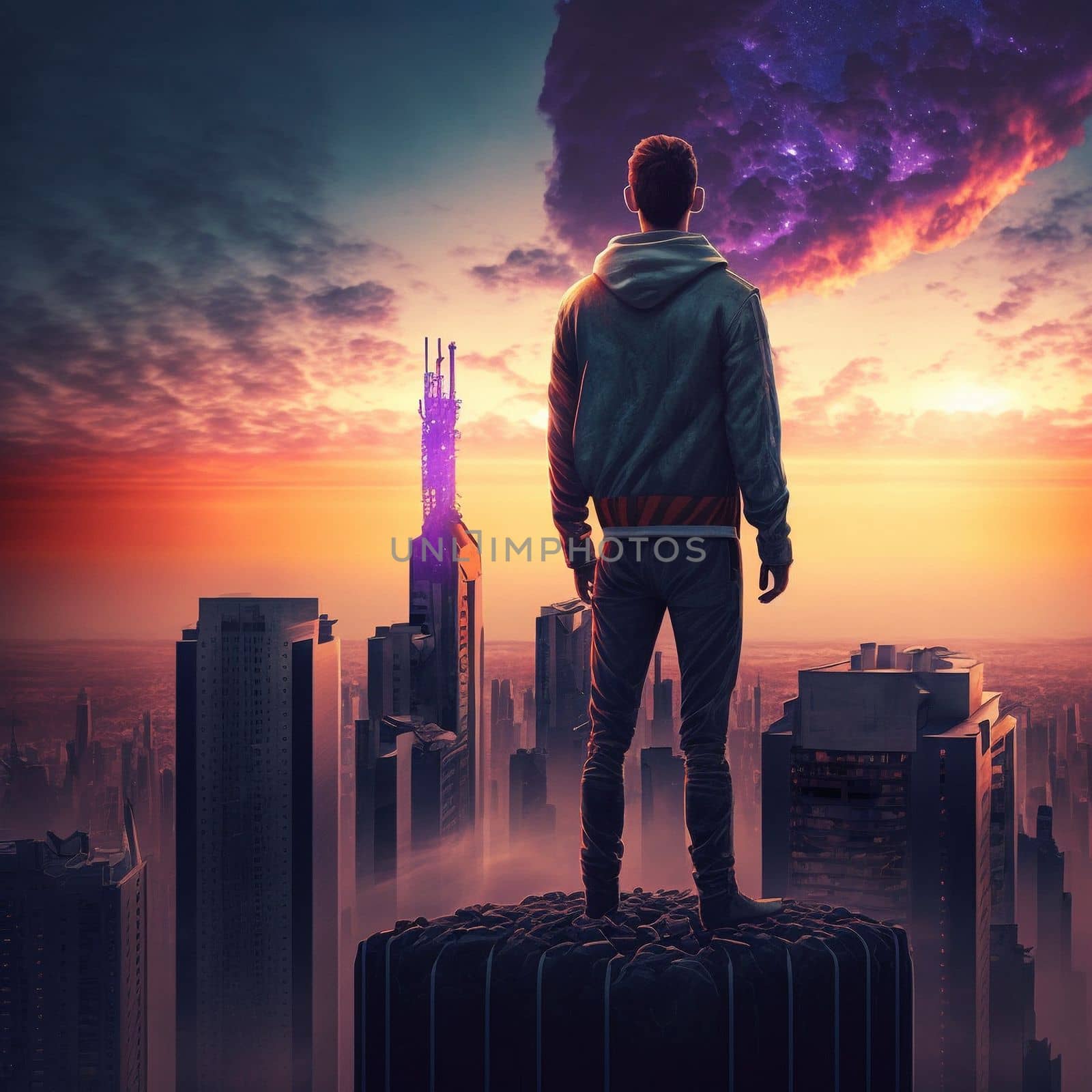 a man on top of skyscrapers looking at the city in the sunset rays by NeuroSky