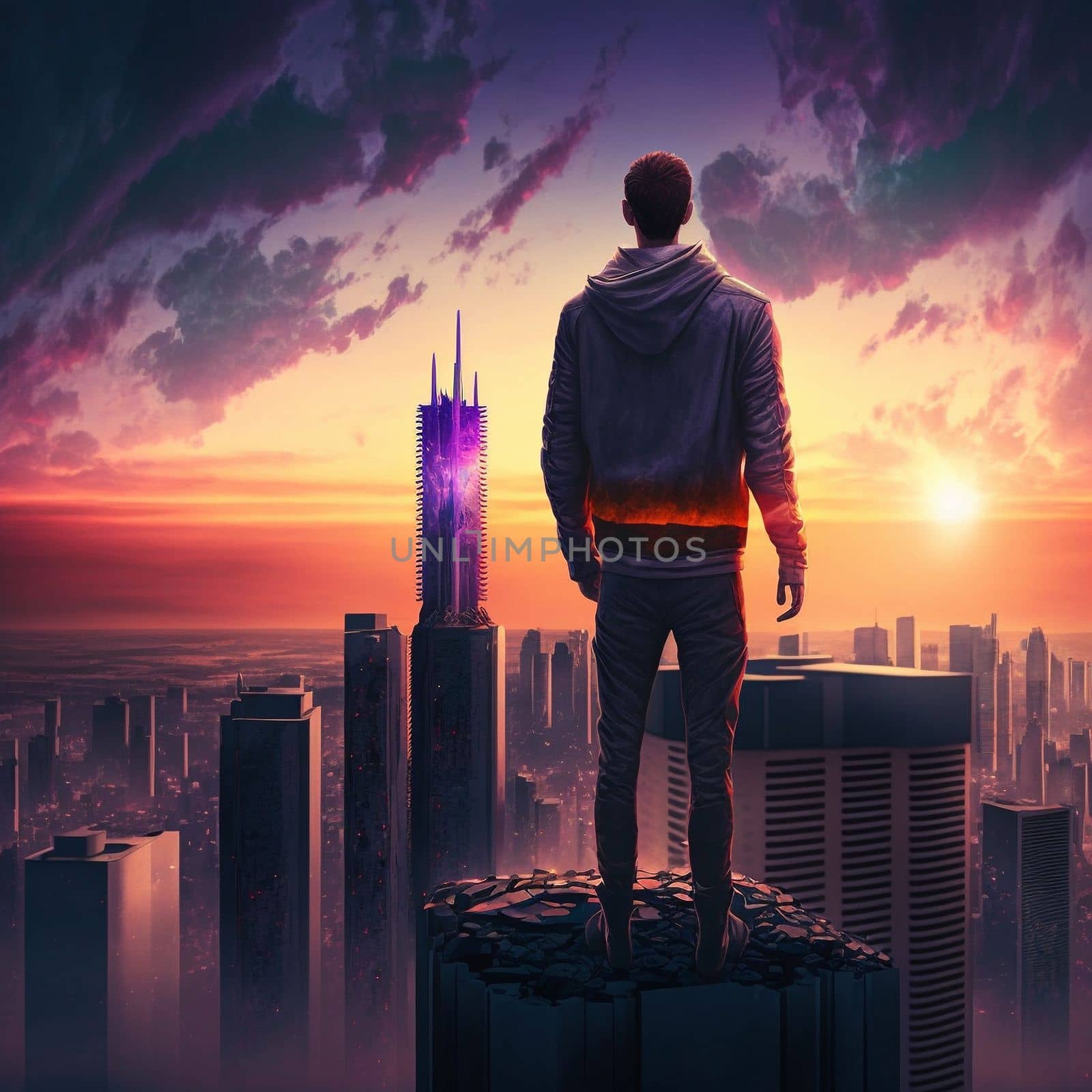 a man on top of skyscrapers looking at the city in the sunset rays by NeuroSky