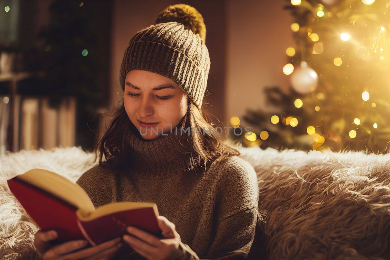 Woman reading book at home on a cozy couch spectacular focus and relaxation. by biancoblue