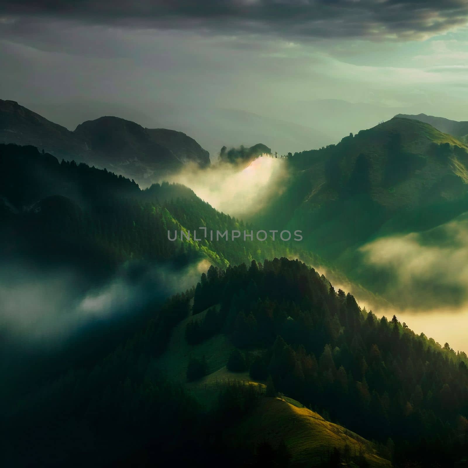 Green mountain range. Landscape of misty mountains. High quality illustration