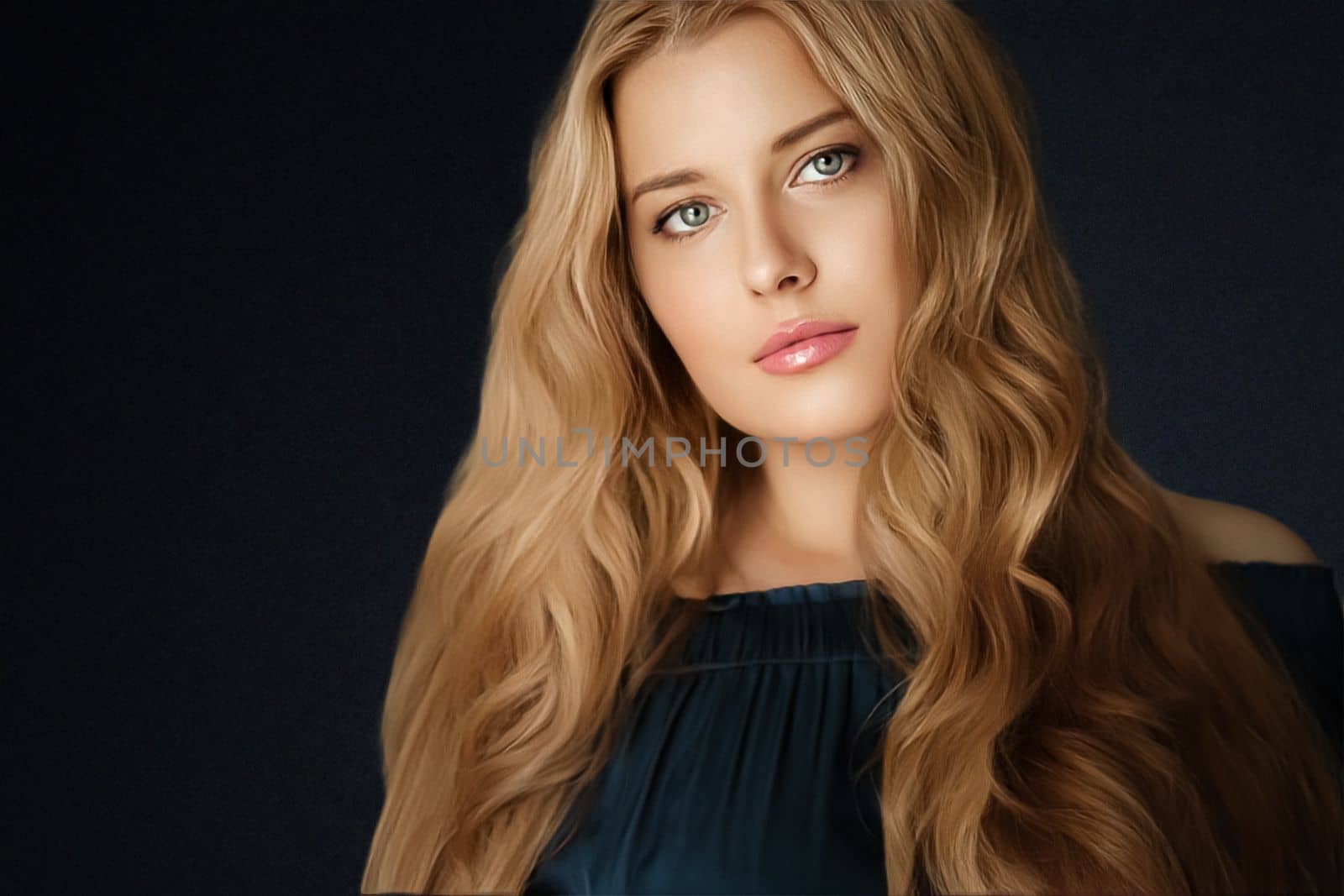 Beauty, makeup and skincare, face portrait of beautiful woman with long hairstyle on black background for luxury cosmetics, wellness or glamour fashion by Anneleven