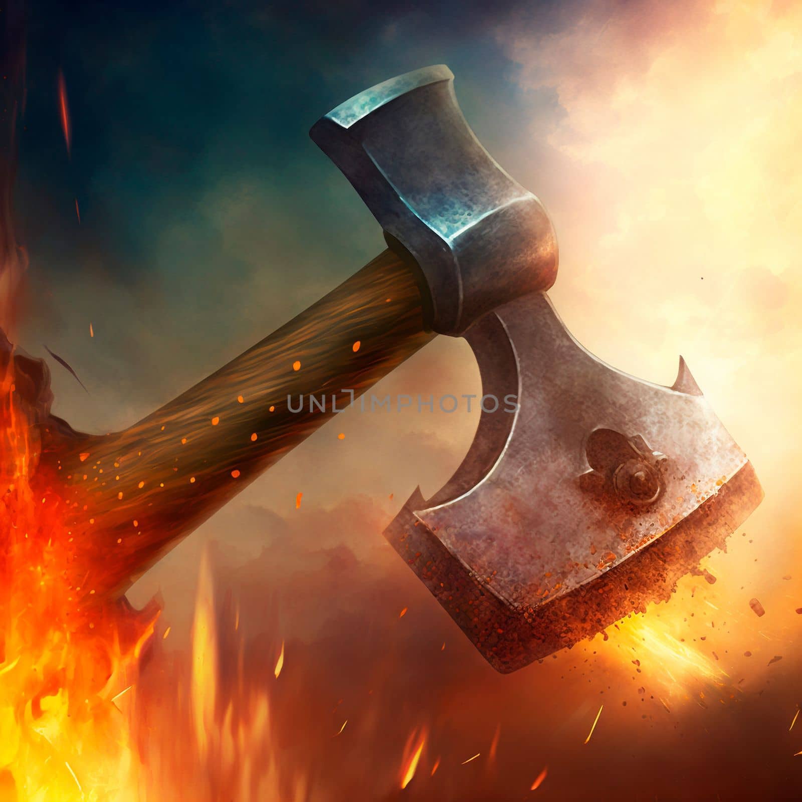 Battle Axe on fire. High quality photo