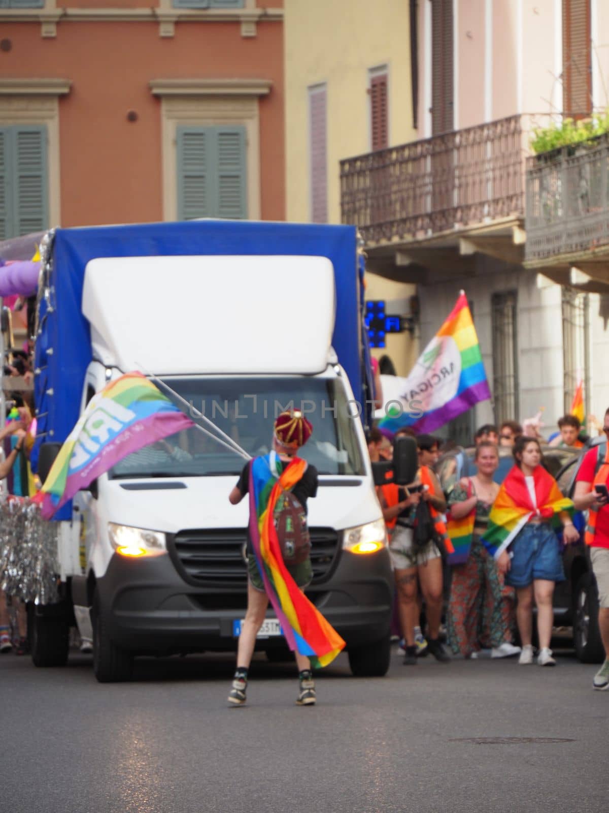 Cremona Pride, a rainbow city. The streets crowded with people celebrating on the day dedicated to claiming the rights of the LGBTQIA community.
