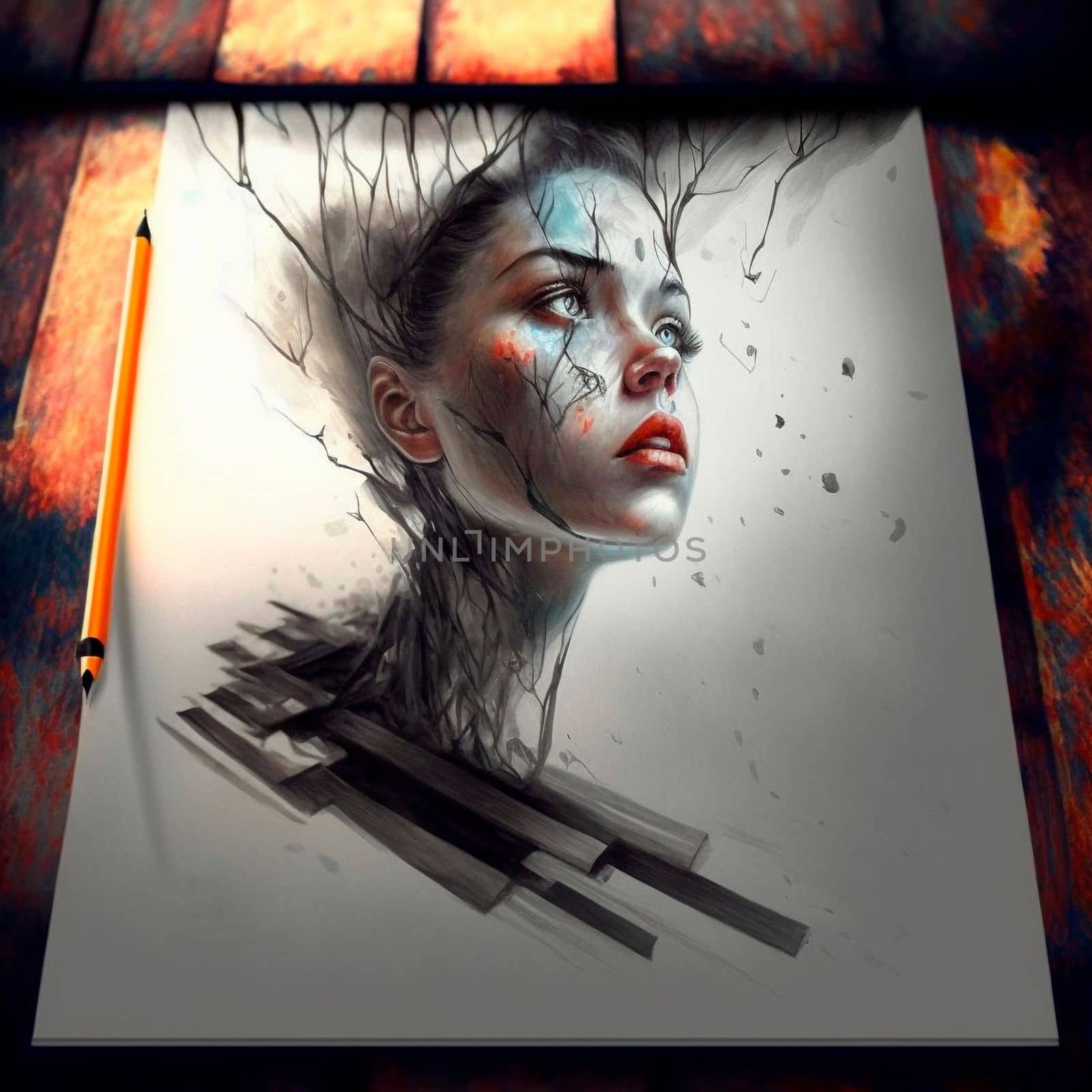 Girl's face. beautiful 3d sketch with colored elements. The drawing goes off the paper. High quality illustration