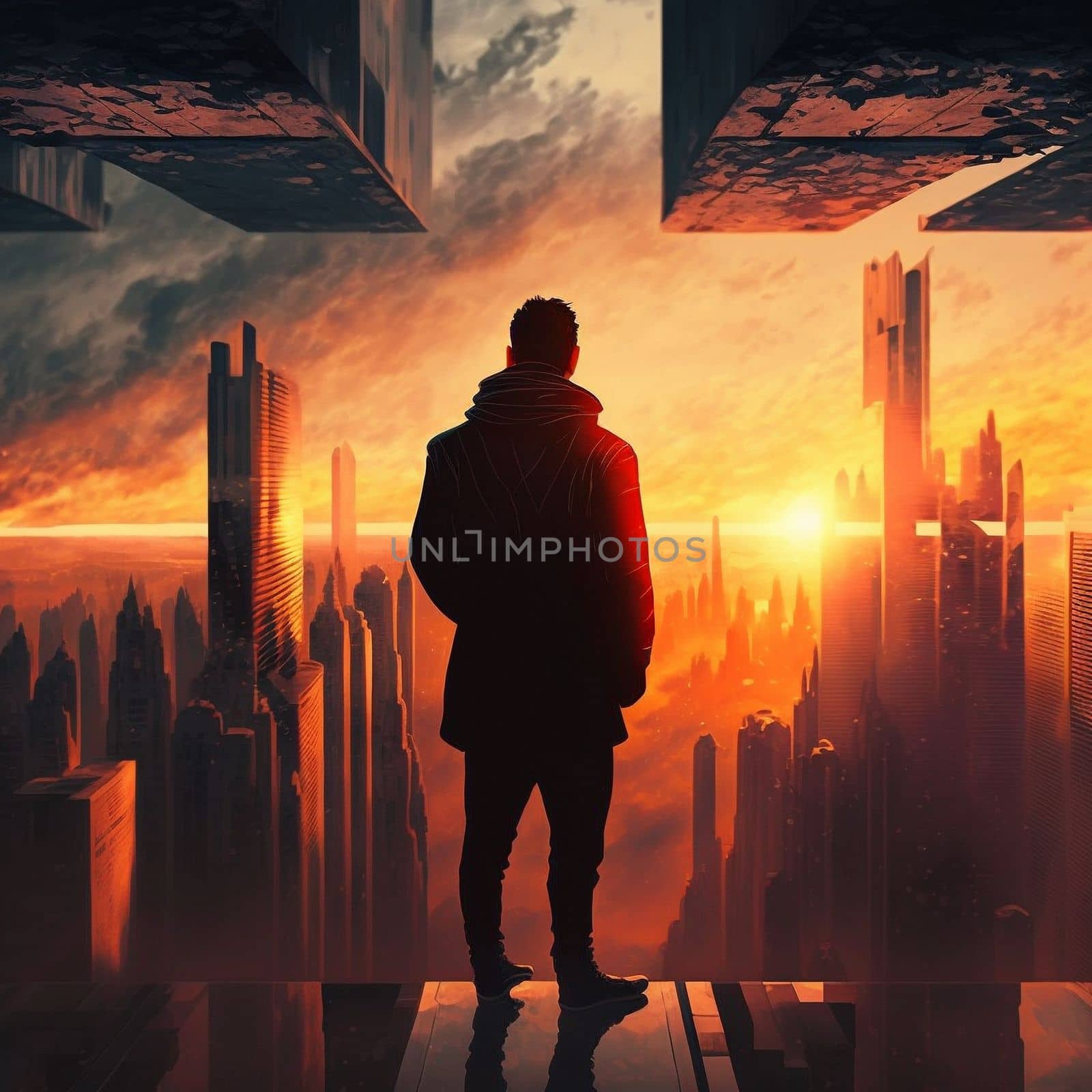 a man on top of skyscrapers looking at the city in the sunset rays. High quality illustration