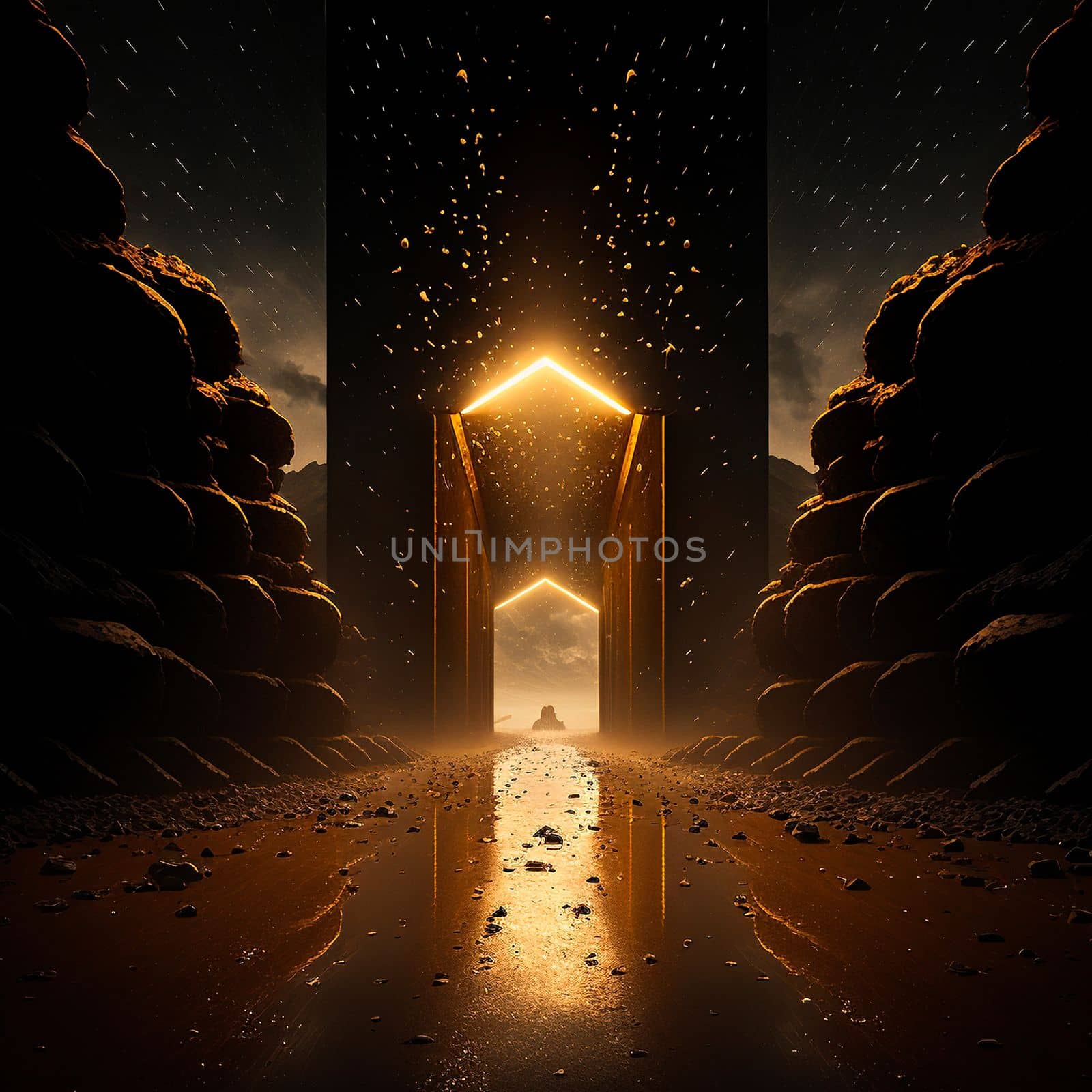 portal to another world, golden glow. High quality illustration