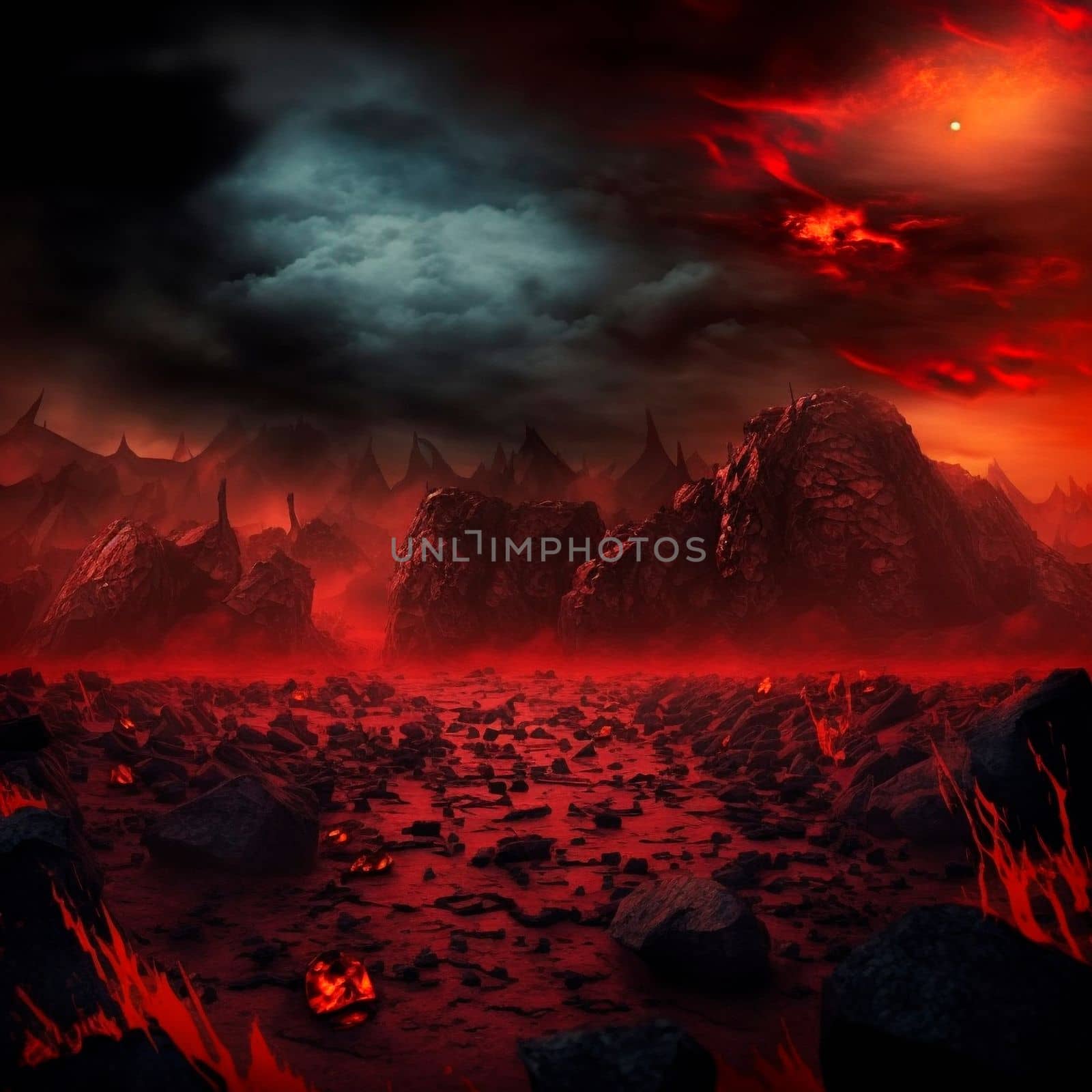 Red mountains, flashes and cracks on the surface. Gloomy sky. Magma and lava spread over the mountains. Lava world collection. High quality illustration