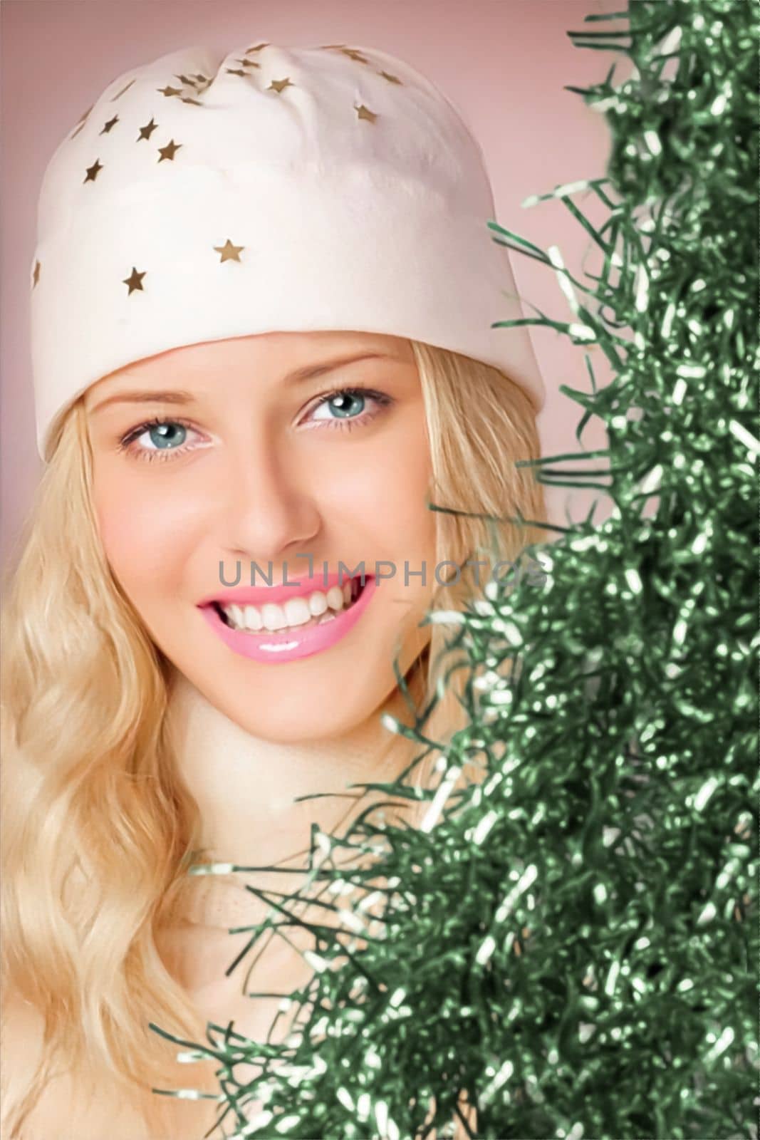 Merry Christmas, holidays, and a woman in a white benny hat for beauty and fashion. Portrait of a lovely blonde girl smiling and having fun over the Christmas, New Year, and winter vacations by Anneleven