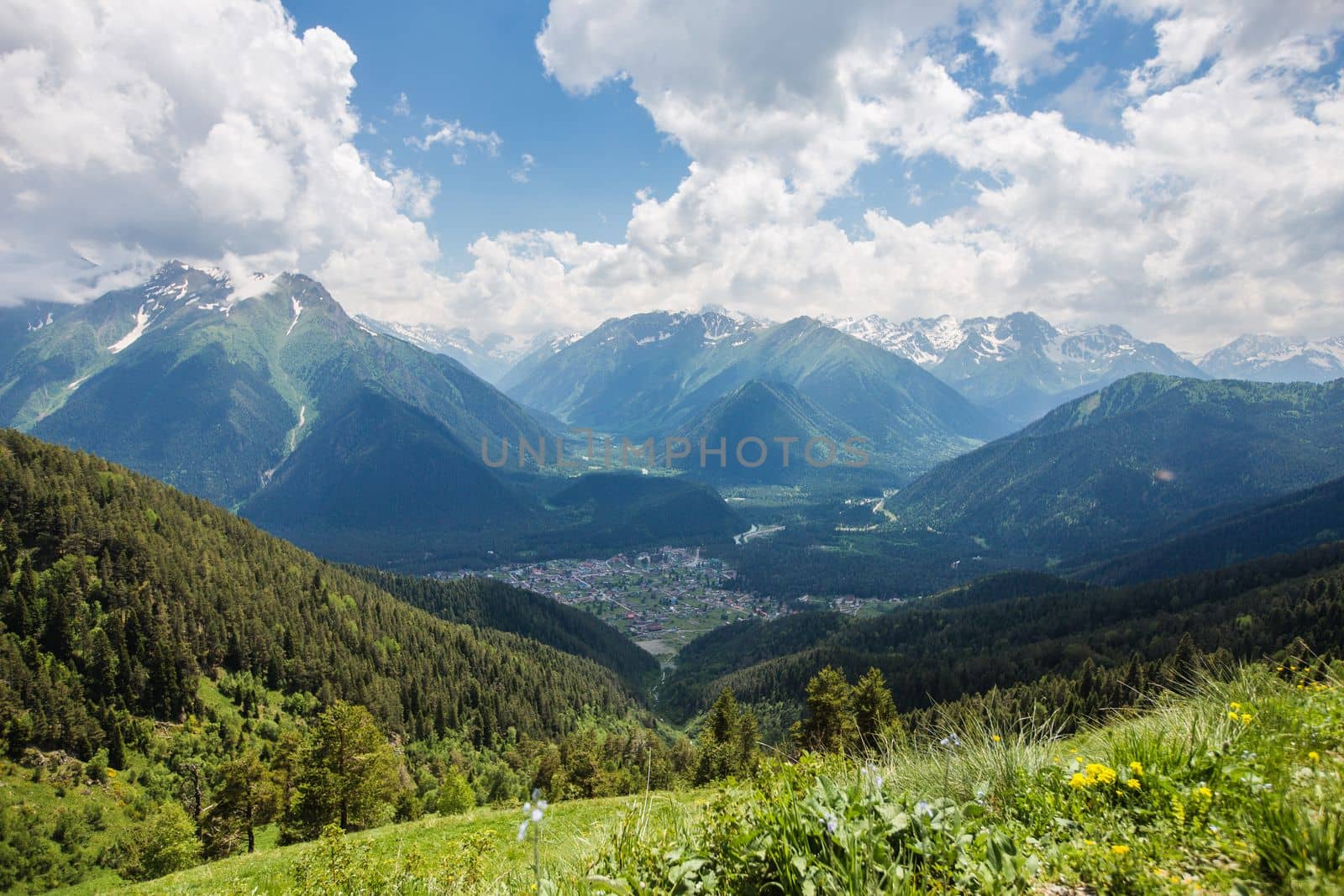 Fabulous magnificent view of Caucasus Mountains and sky. High quality photo