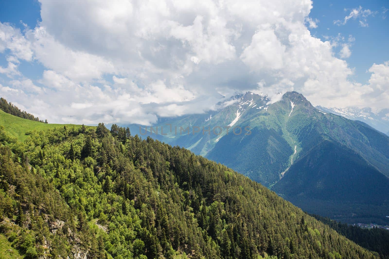 Fabulous magnificent view of Caucasus Mountains and sky. High quality photo