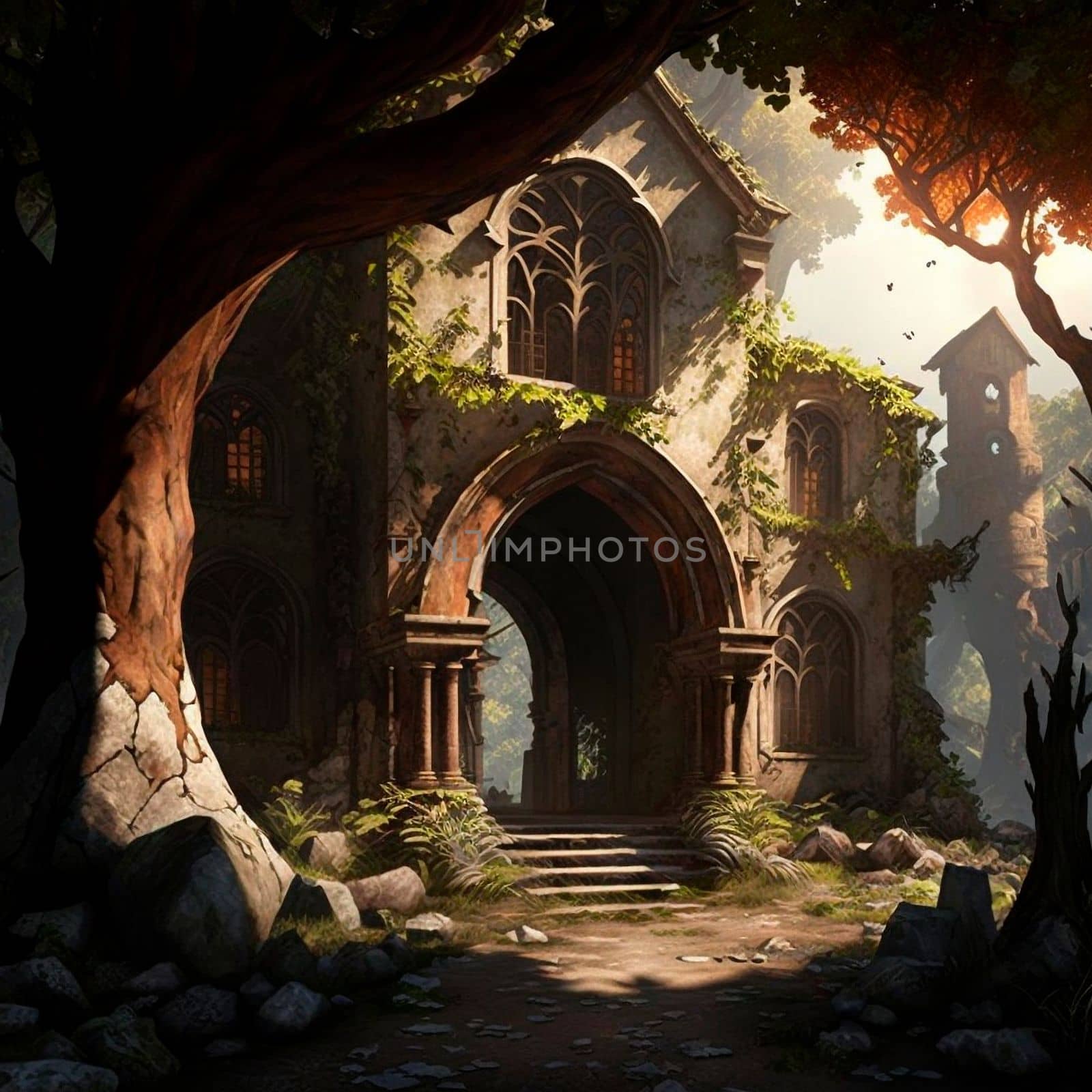 mysterious ruins in the forest. High quality illustration