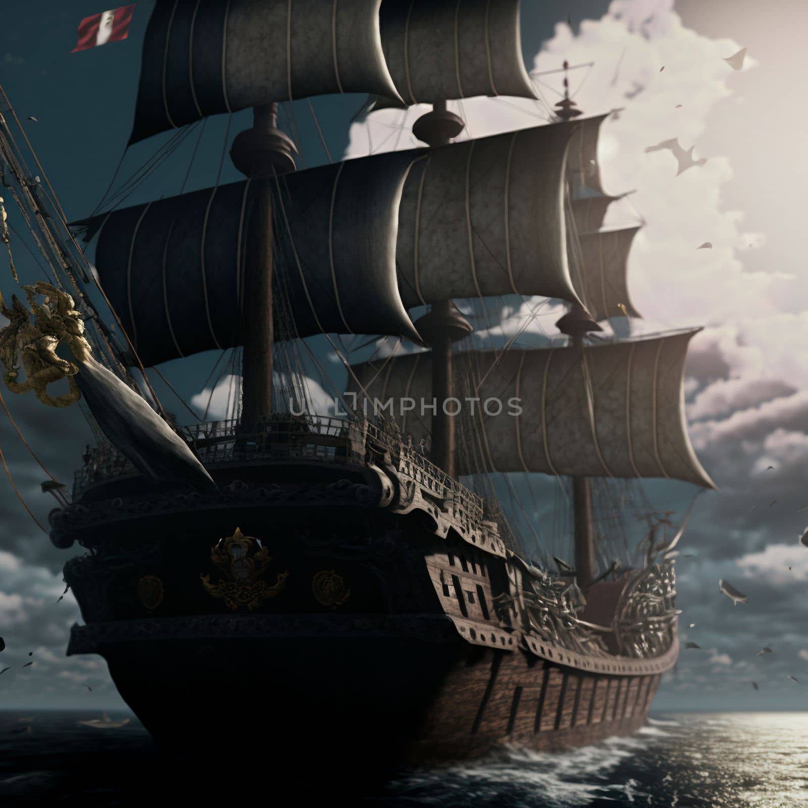 view from the deck of a ship with masts and sails.High auality illustration