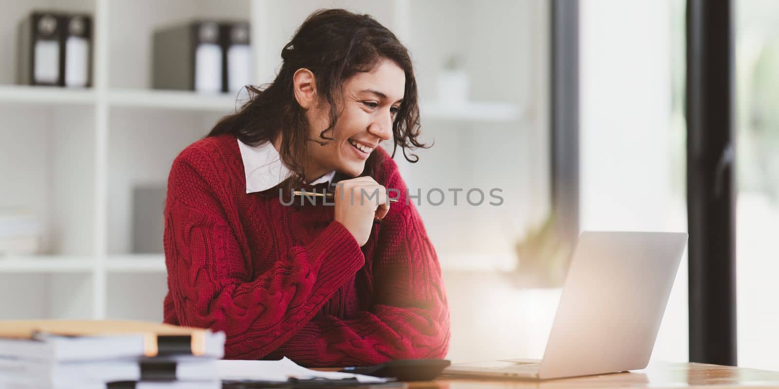 American business woman making prepare presentation or important email of financial. Business Accountant working in home office.