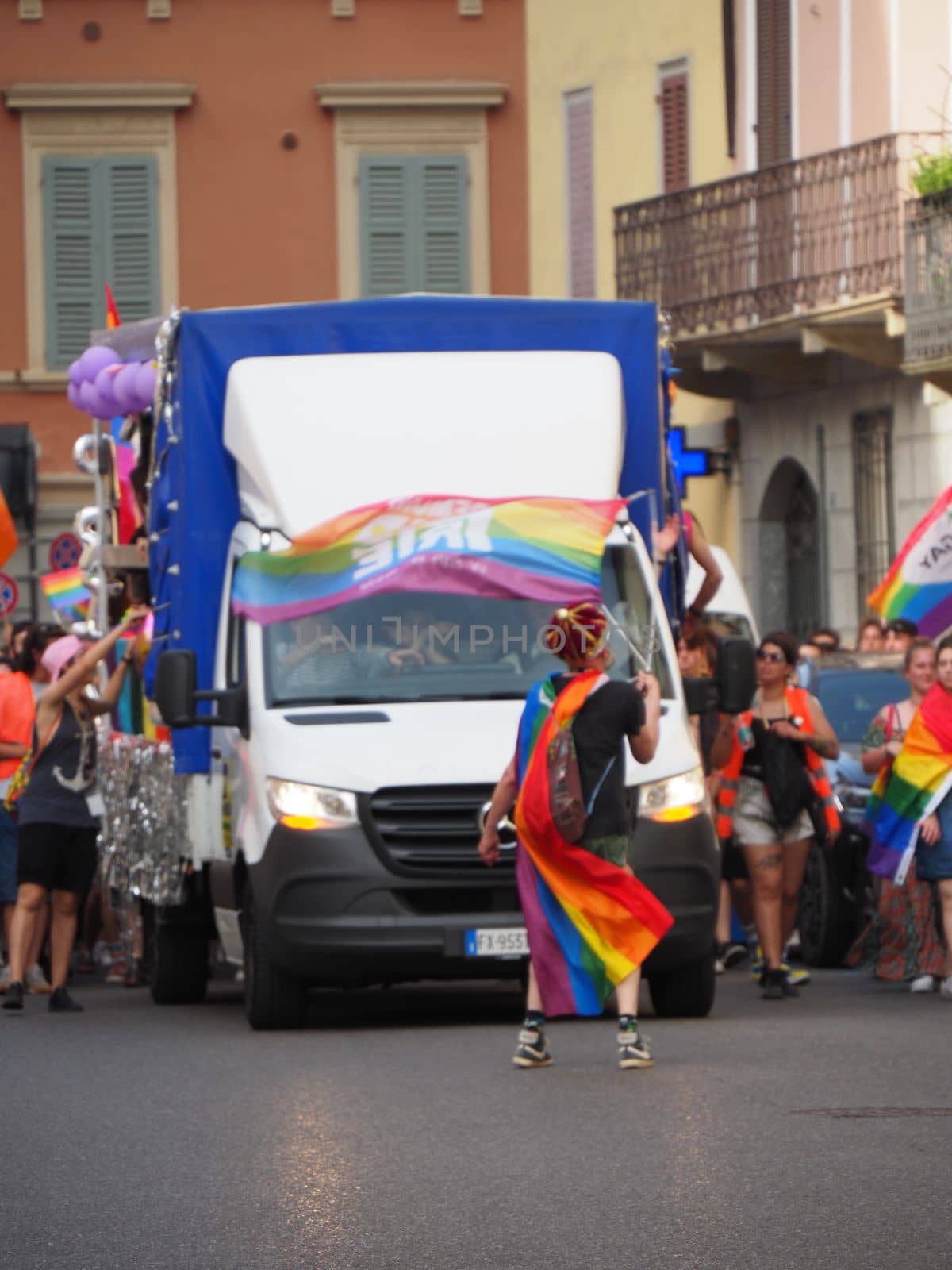 Cremona Pride, a rainbow city. The streets crowded with people celebrating on the day dedicated to claiming the rights of the LGBTQIA community.