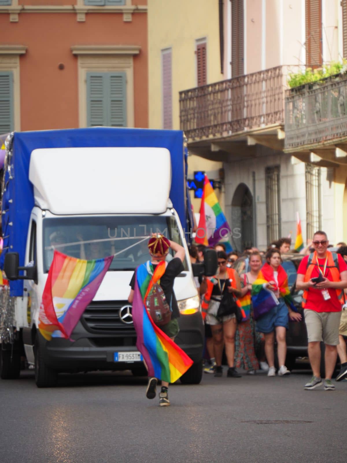 Cremona Pride, a rainbow city. The streets crowded with people celebrating on the day dedicated to claiming the rights of the LGBTQIA community.